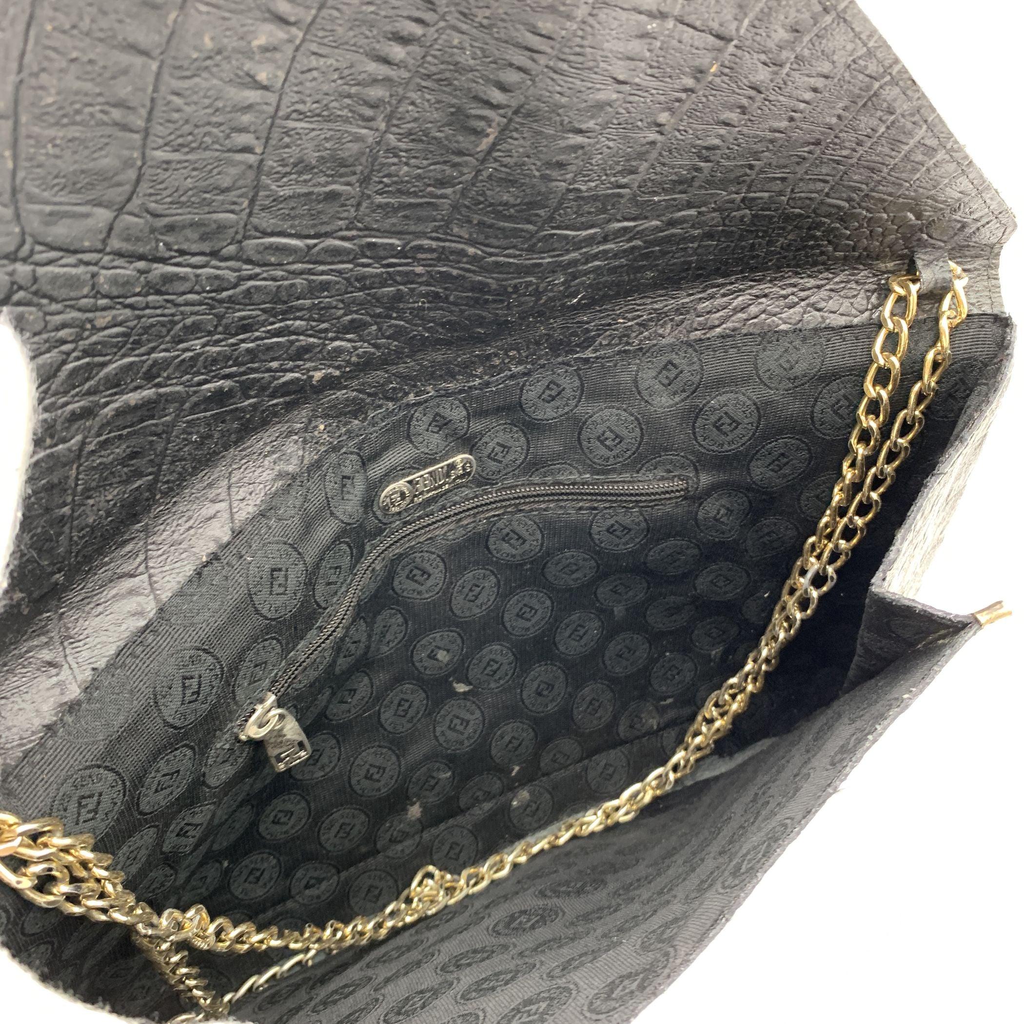 Fendi Vintage Black Embossed Portfolio Envelope Clutch Bag with Chain 4