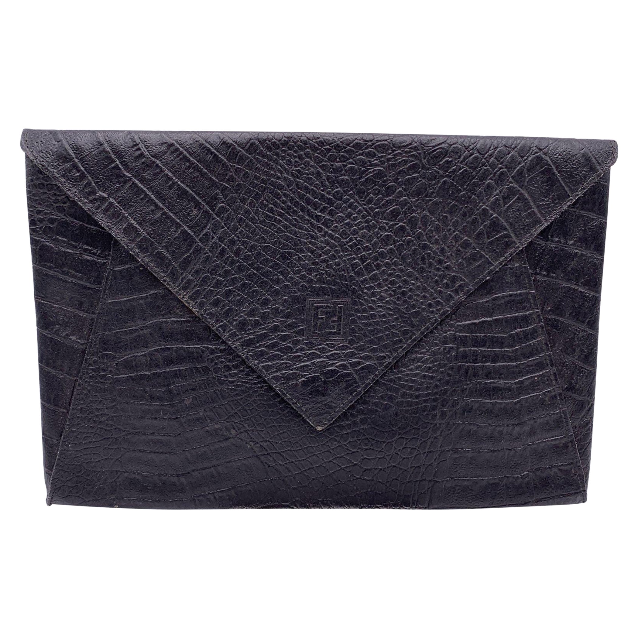 Fendi Vintage Black Embossed Portfolio Envelope Clutch Bag with Chain
