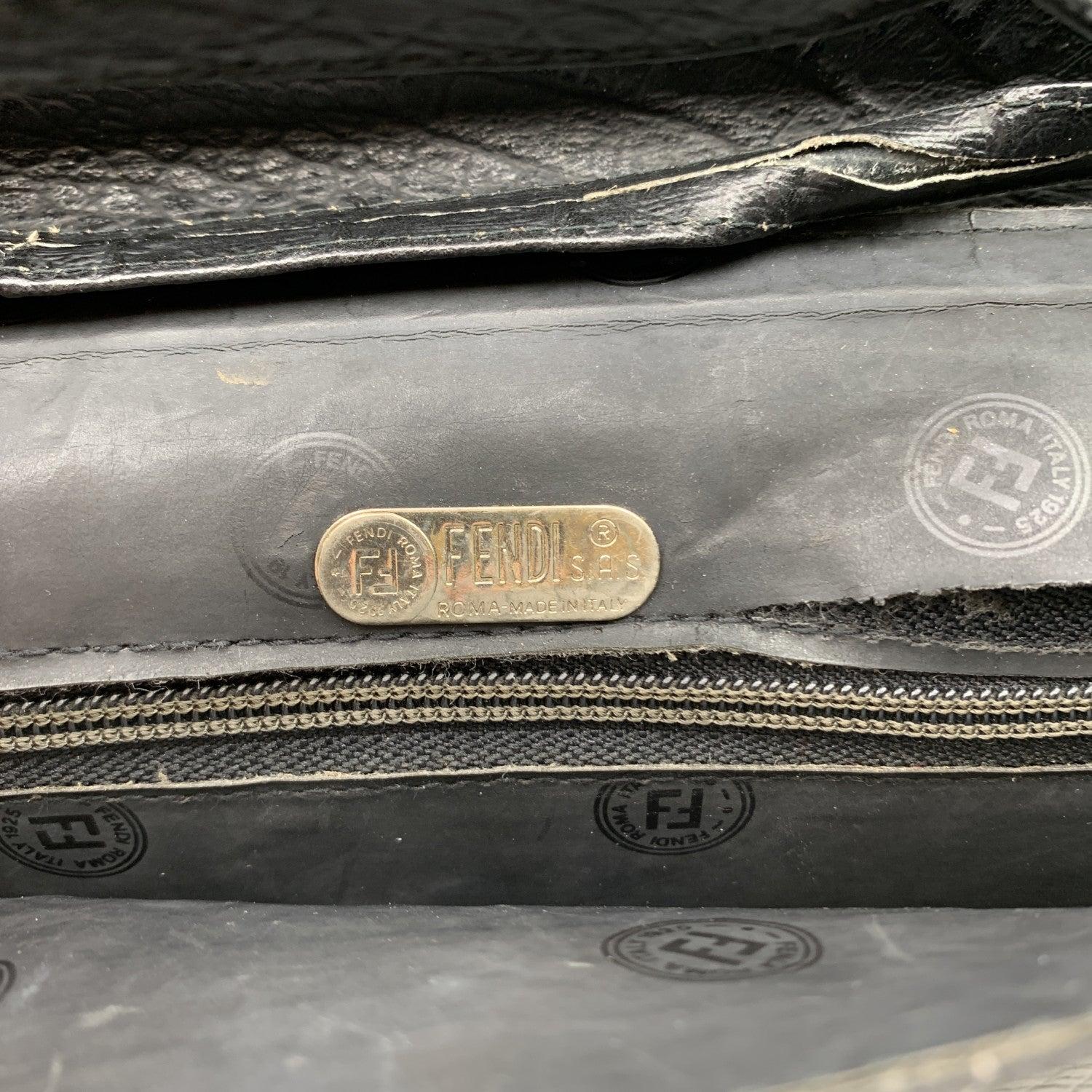 Fendi Vintage Black Embossed Portfolio Envelope Clutch Bag with Strap In Good Condition In Rome, Rome