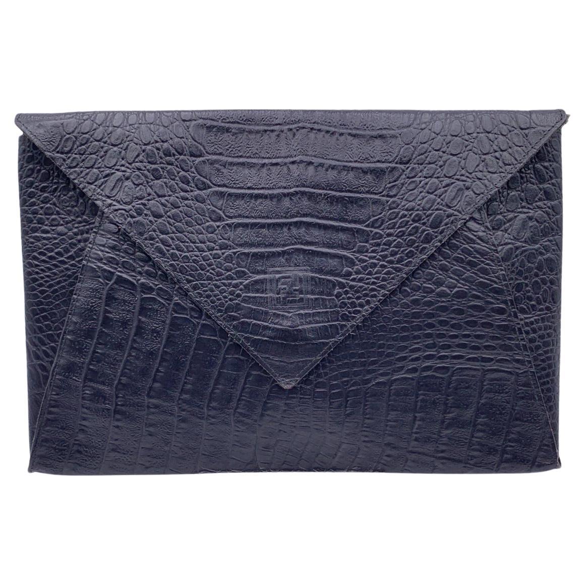 Fendi Vintage Black Embossed Portfolio Envelope Clutch Bag with Strap For Sale
