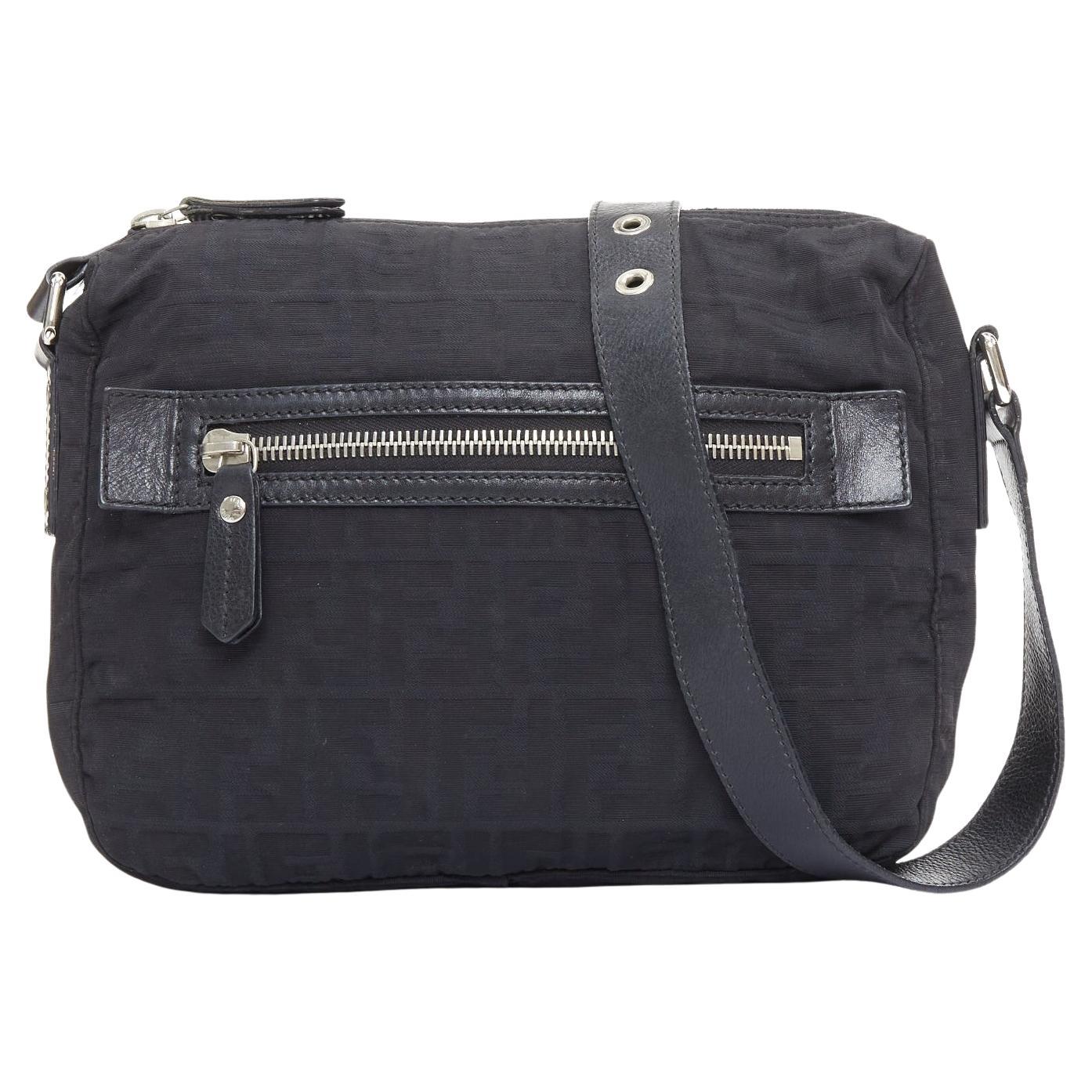 FENDI Vintage black FF Zucca monogram leather trim crossbody messenger bag