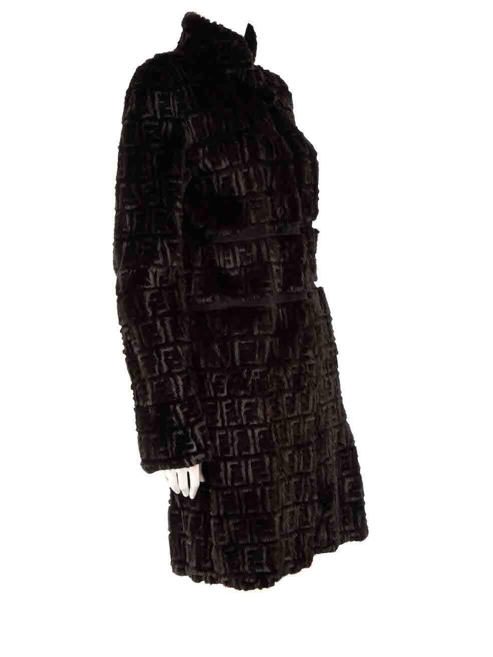 CONDITION is Good. Minor wear to dress is evident. Light wear to the underarm linings with strains to the seams. The second button is also missing on this used Fendi designer resale item.
 
Details
Vintage
Black
Fur
Coat
Logo pattern
Long