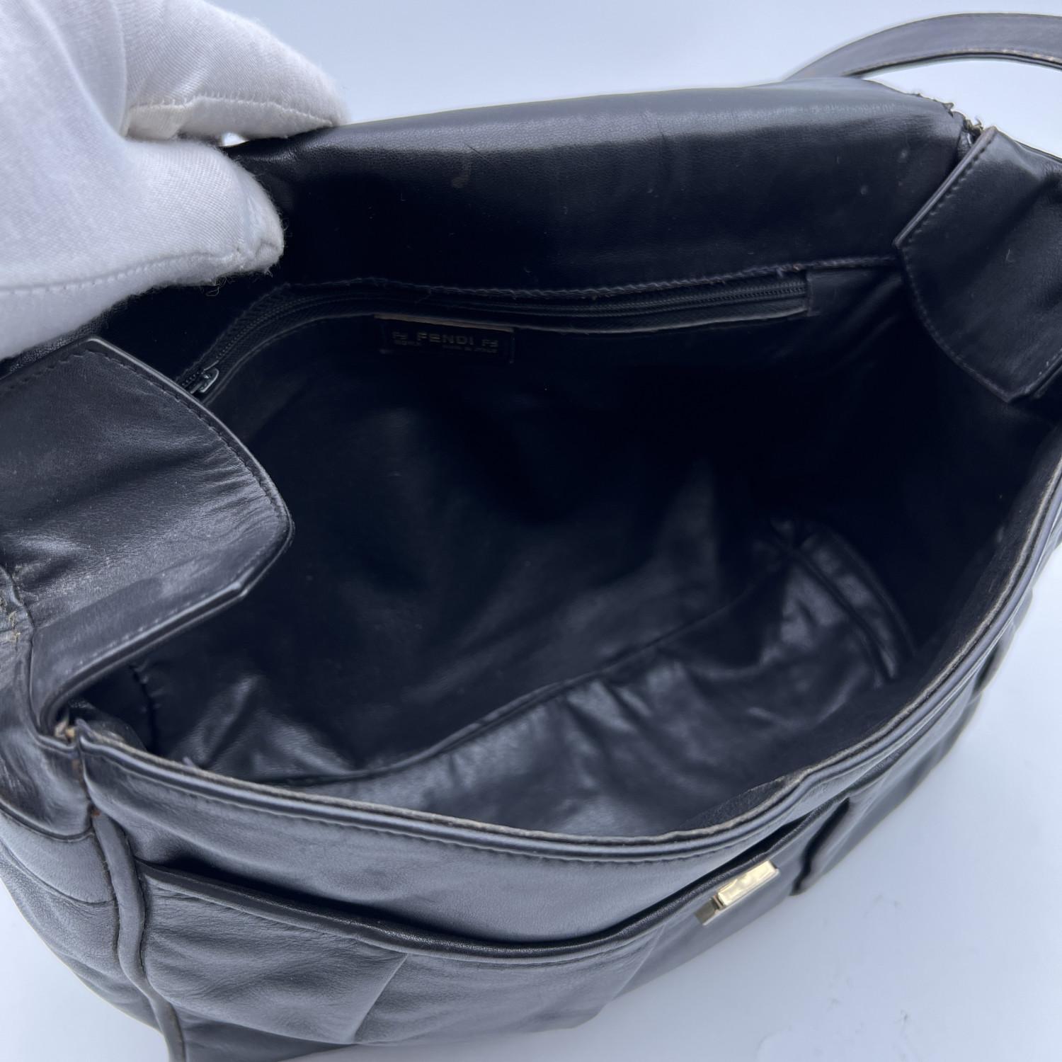 Fendi Vintage Black Leather Embossed Flap Messenger Crossbody Bag 1