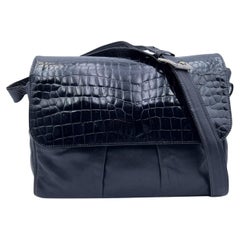 Fendi Vintage Black Leather Embossed Flap Messenger Crossbody Bag