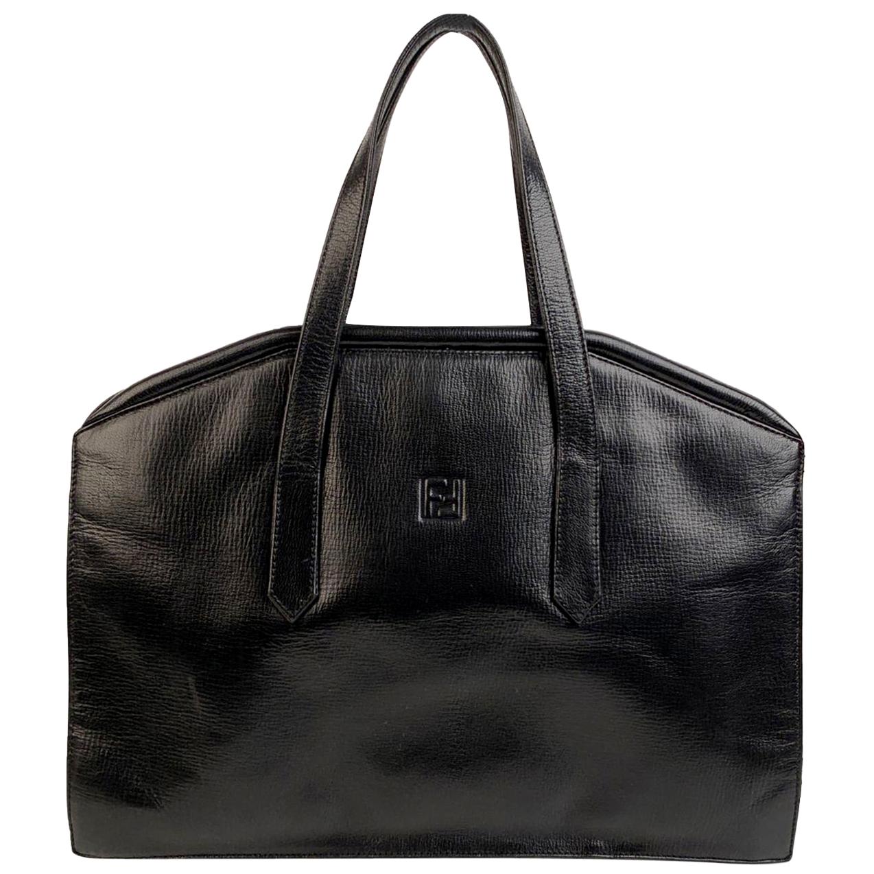 Fendi Vintage Black Leather Framed Satchel Top Handle Bag