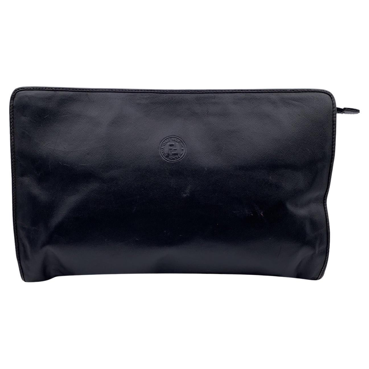 Fendi Vintage Black Leather Portfolio Bag Large Clutch