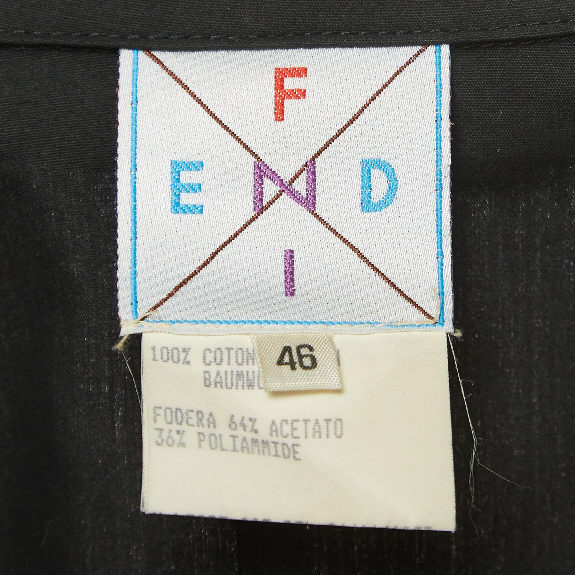 Fendi Vintage Schwarzer einreihiger Blazer aus bestickter Baumwolle mit Logo in Schwarz, L im Zustand „Gut“ im Angebot in Dubai, Al Qouz 2