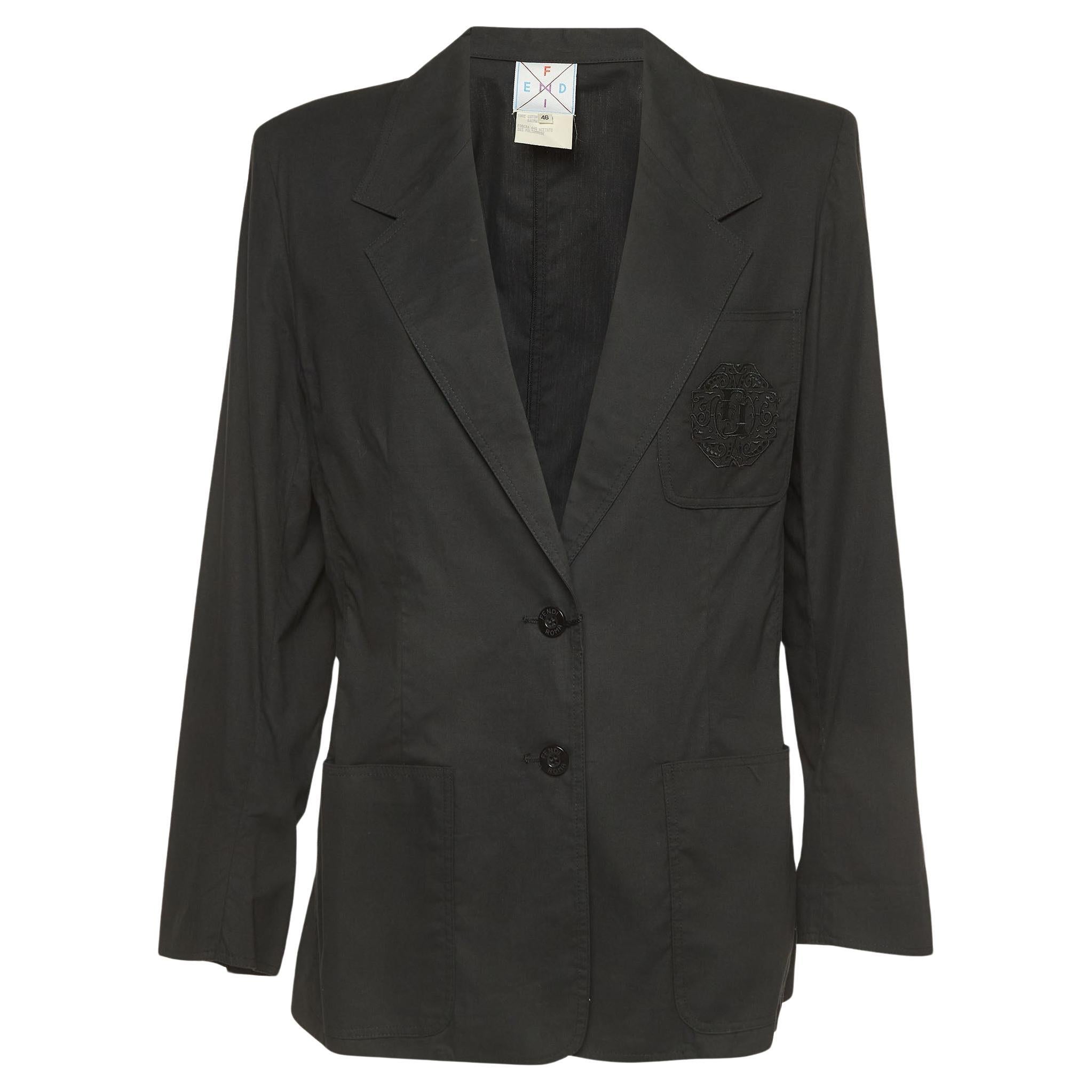 Fendi Vintage Schwarzer einreihiger Blazer aus bestickter Baumwolle mit Logo in Schwarz, L im Angebot