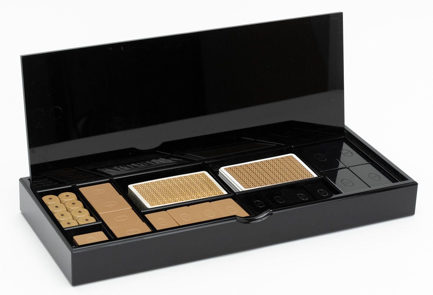 Stunning Luxury Fendi Beautiful Authentic Vintage POKER GAME, playing cards set with black lucite box, original bridge card set with chips, dices and 2 decks of cards, very elegant and excellent quality with all pieces marked with Fendi logo, made