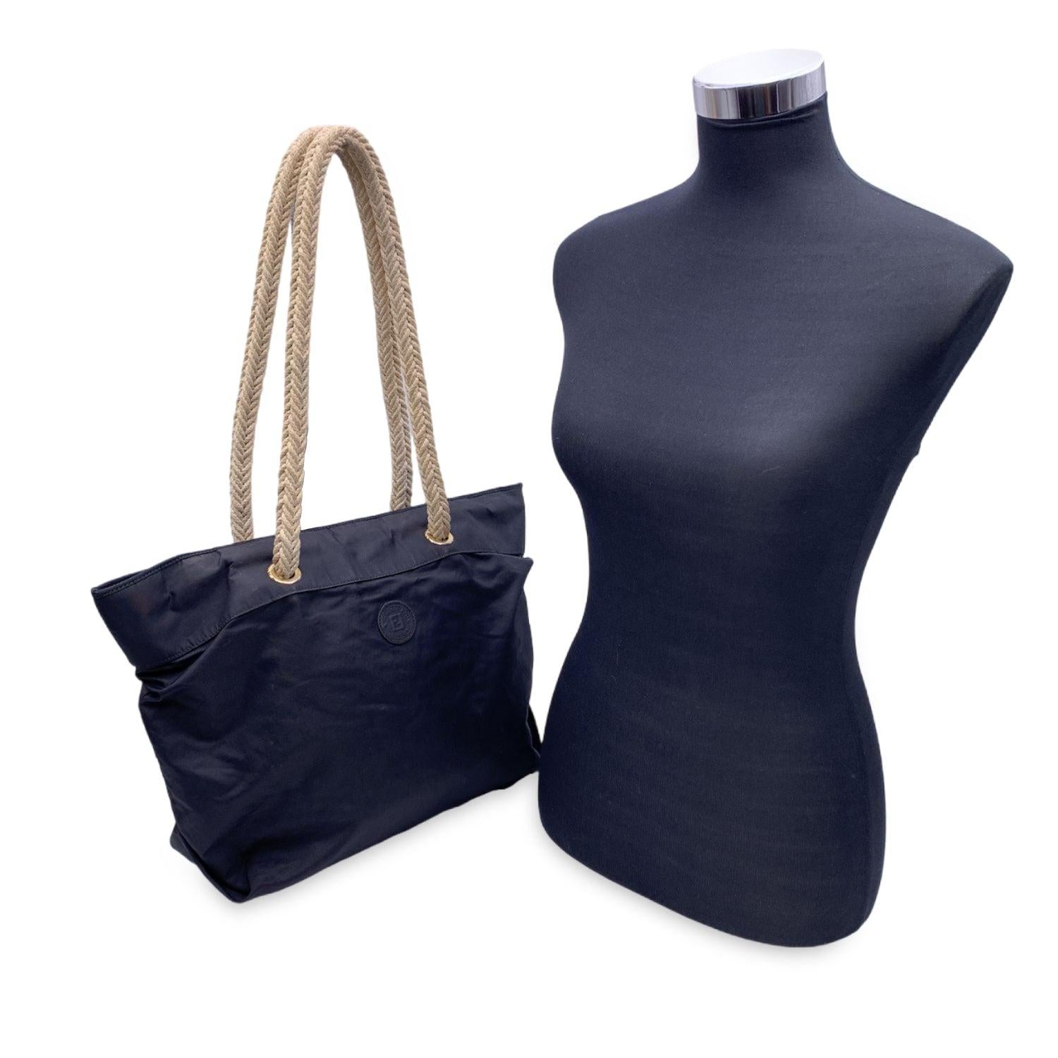 Fendi Vintage Black Nylon Tote Bag with Rope Straps For Sale 4