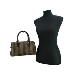 Fendi Vintage Black Pequin Striped Canvas Boston Bag Handbag