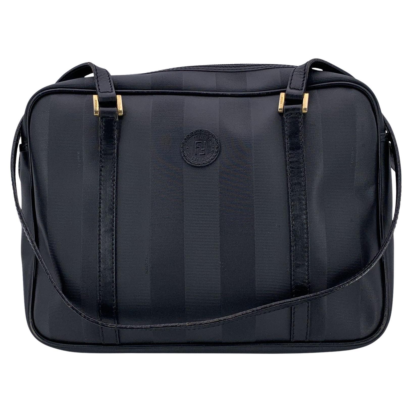 Fendi Vintage Black Striped Pequin Canvas Tote Shoulder Bag For Sale