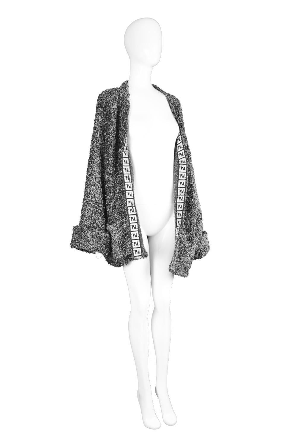 Fendi Vintage Black & White Fuzzy Textured Knit Zucca Pattern Cardigan, 1990s 3