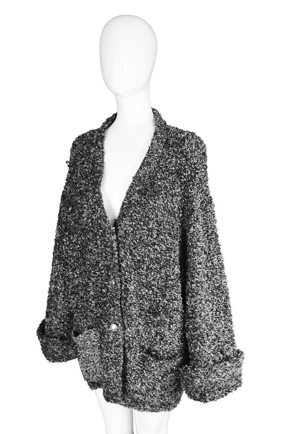 Women's Fendi Vintage Black & White Fuzzy Textured Knit Zucca Pattern Cardigan, 1990s