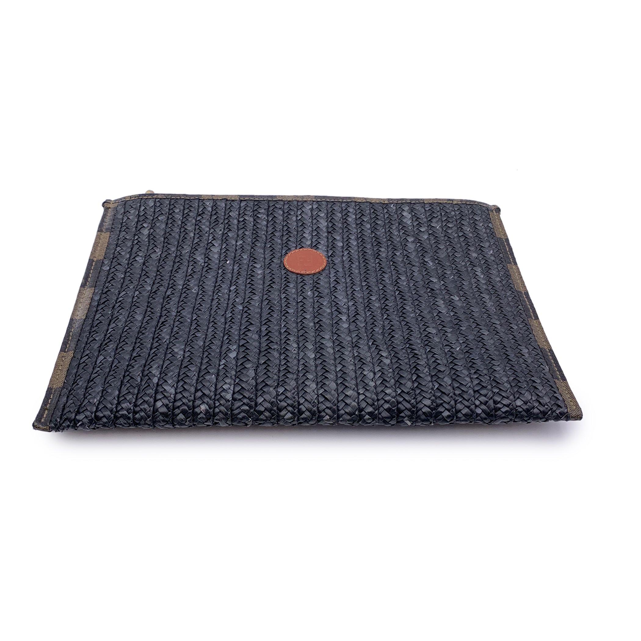 Women's Fendi Vintage Black Woven Raffia Unisex Zip Pouch Clutch Bag