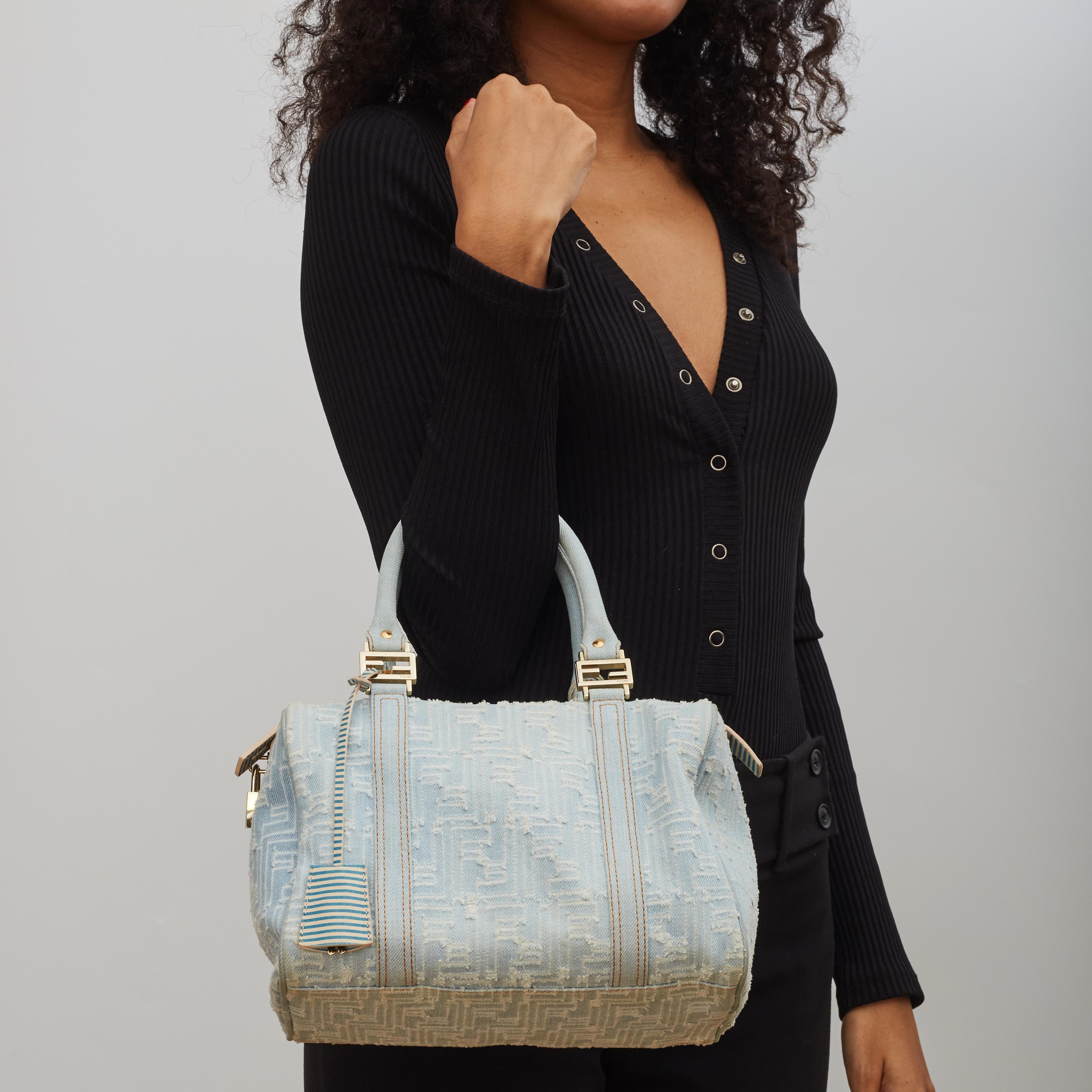 Fendi Vintage Blue Denim Zucca Bauletto Boston 25 Handbag 4