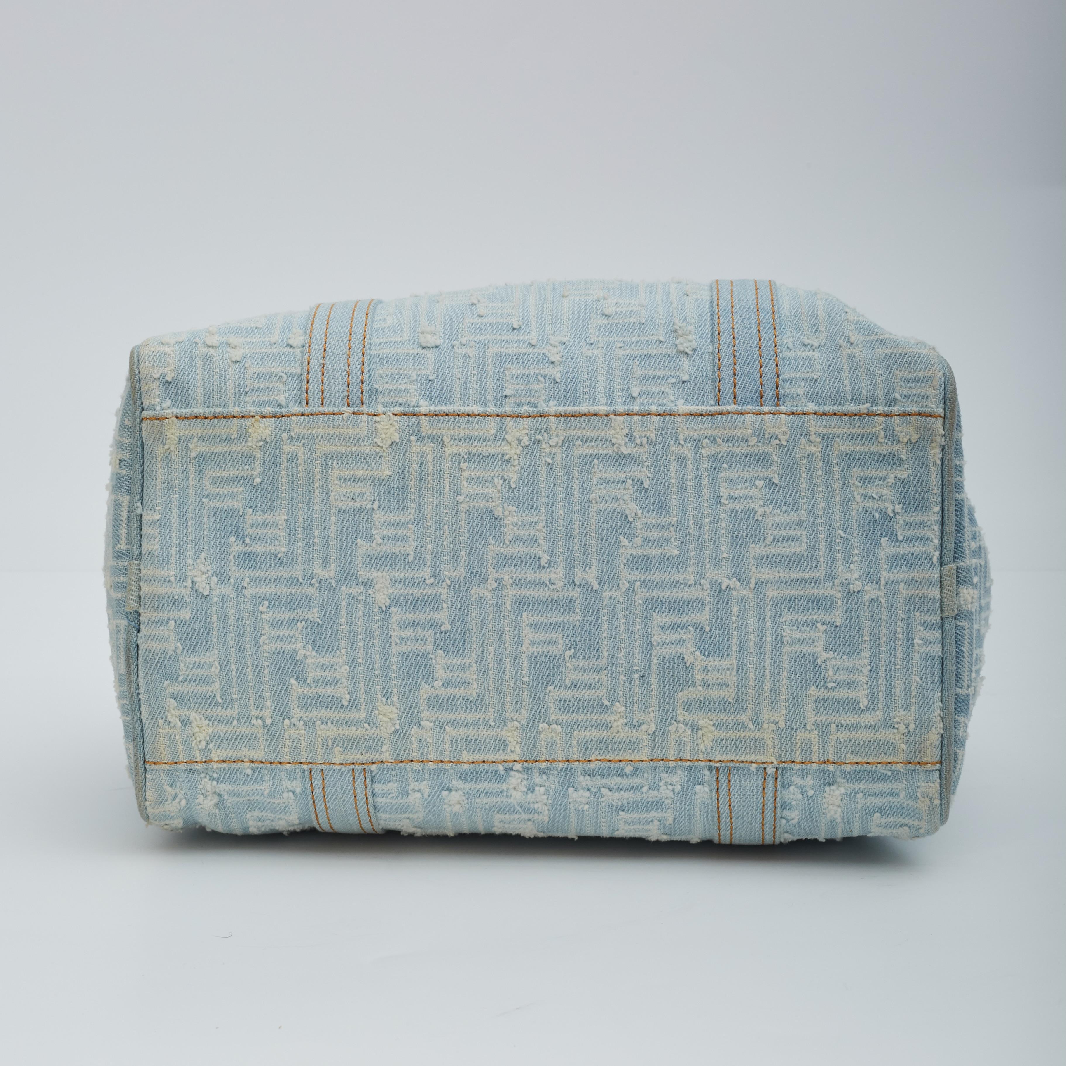 Fendi Vintage Blue Denim Zucca Bauletto Boston 25 Handbag In Good Condition In Montreal, Quebec
