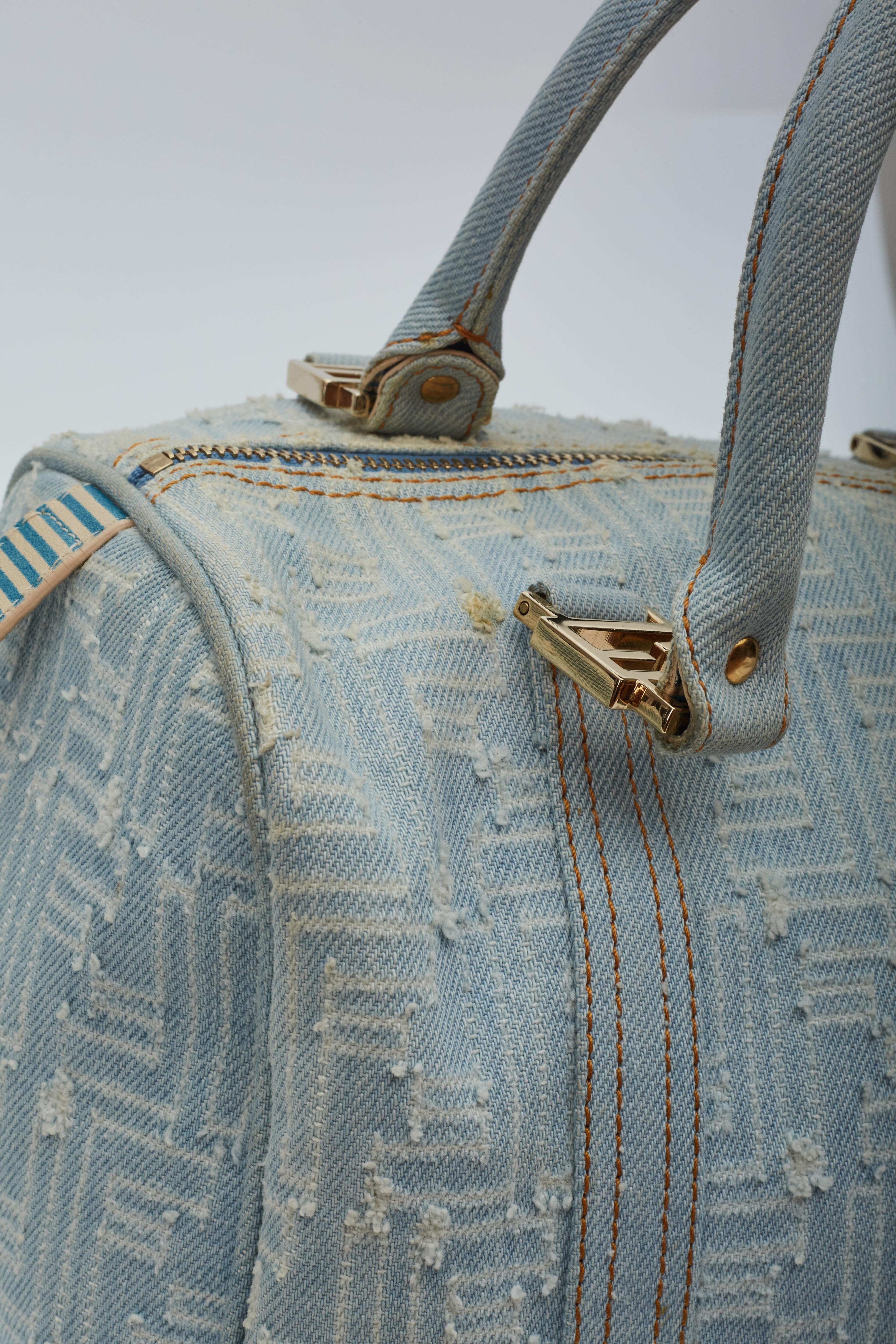 Women's Fendi Vintage Blue Denim Zucca Bauletto Boston 25 Handbag