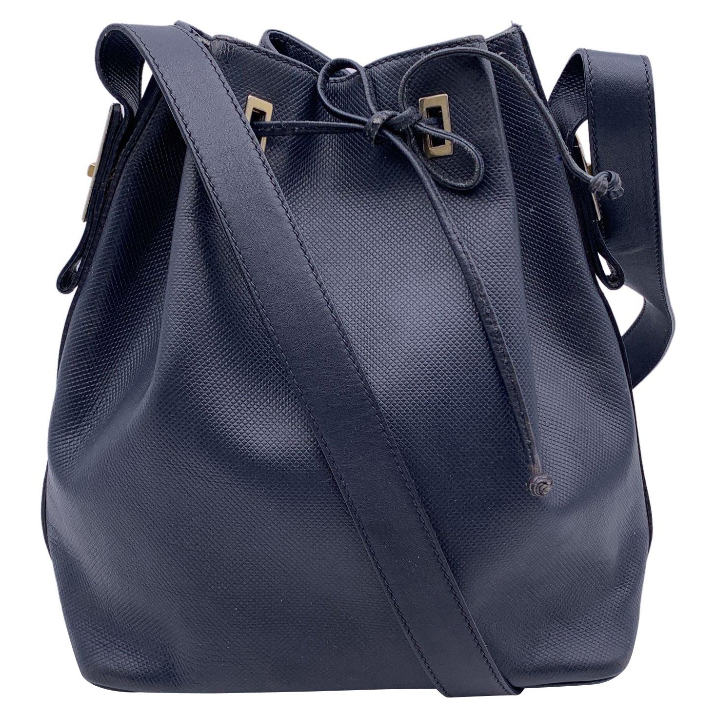 Fendi Vintage Blue Textured Leather Shoulder Drawstring Bucket Bag
