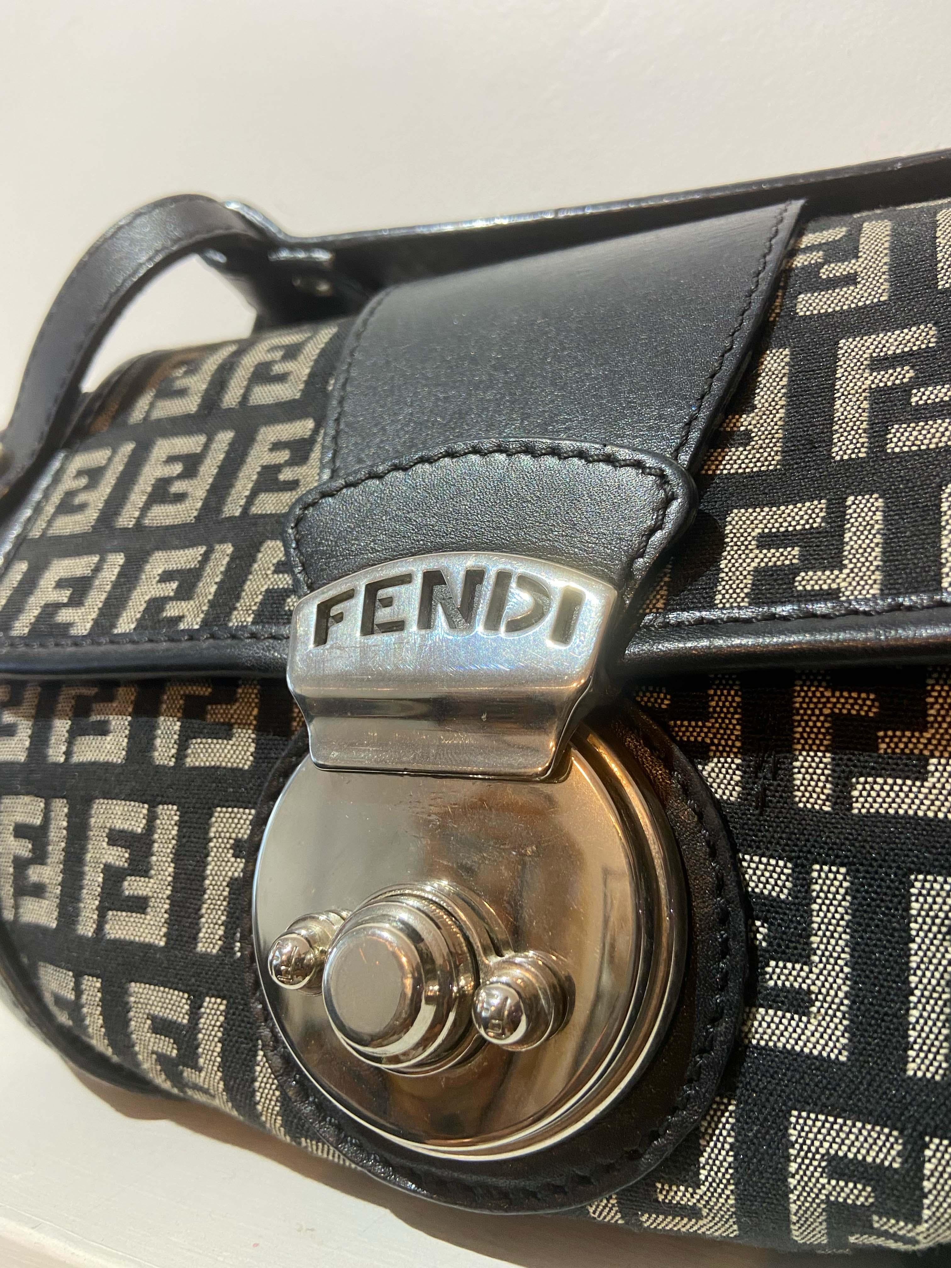 Black Fendi Vintage Blue Zucca Print Silver Hardware Mini Shoulder Bag