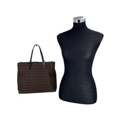 Fendi Vintage Brown and Black Zucchino Canvas and Black Leather Tote Bag