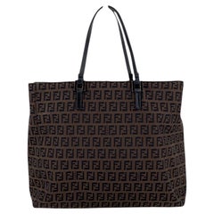 Fendi Vintage Brown and Black Zucchino Canvas and Black Leather Tote Bag