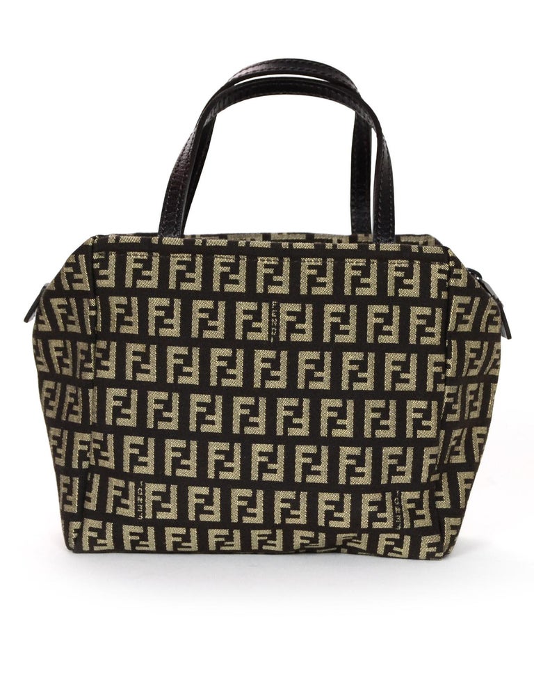 Fendi Vintage Brown/Beige Monogram Zucca Small Zip Top Handbag For Sale ...