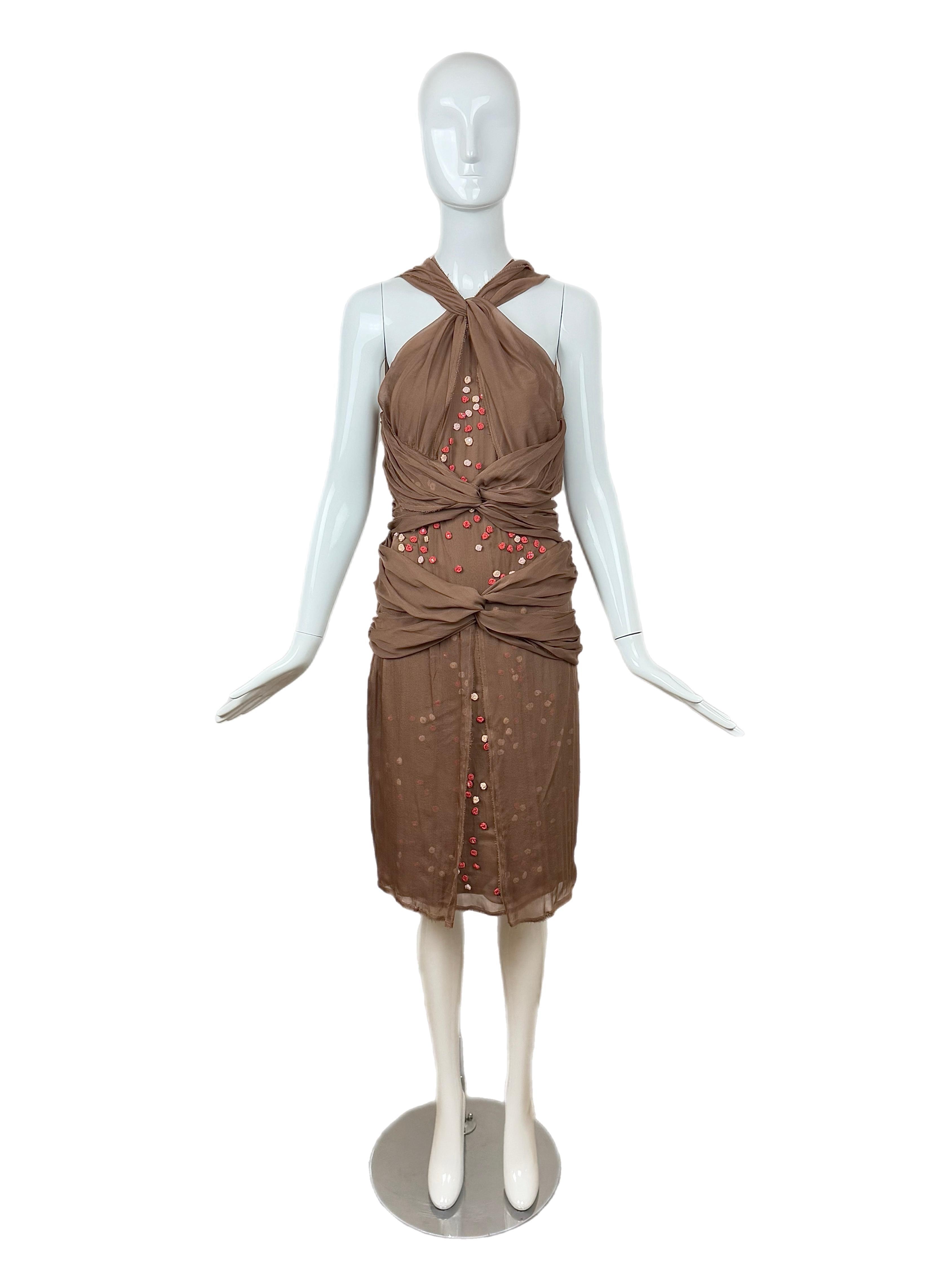 FENDI Vintage Brown Floral Rosette Silk Halter Dress in vendita 5