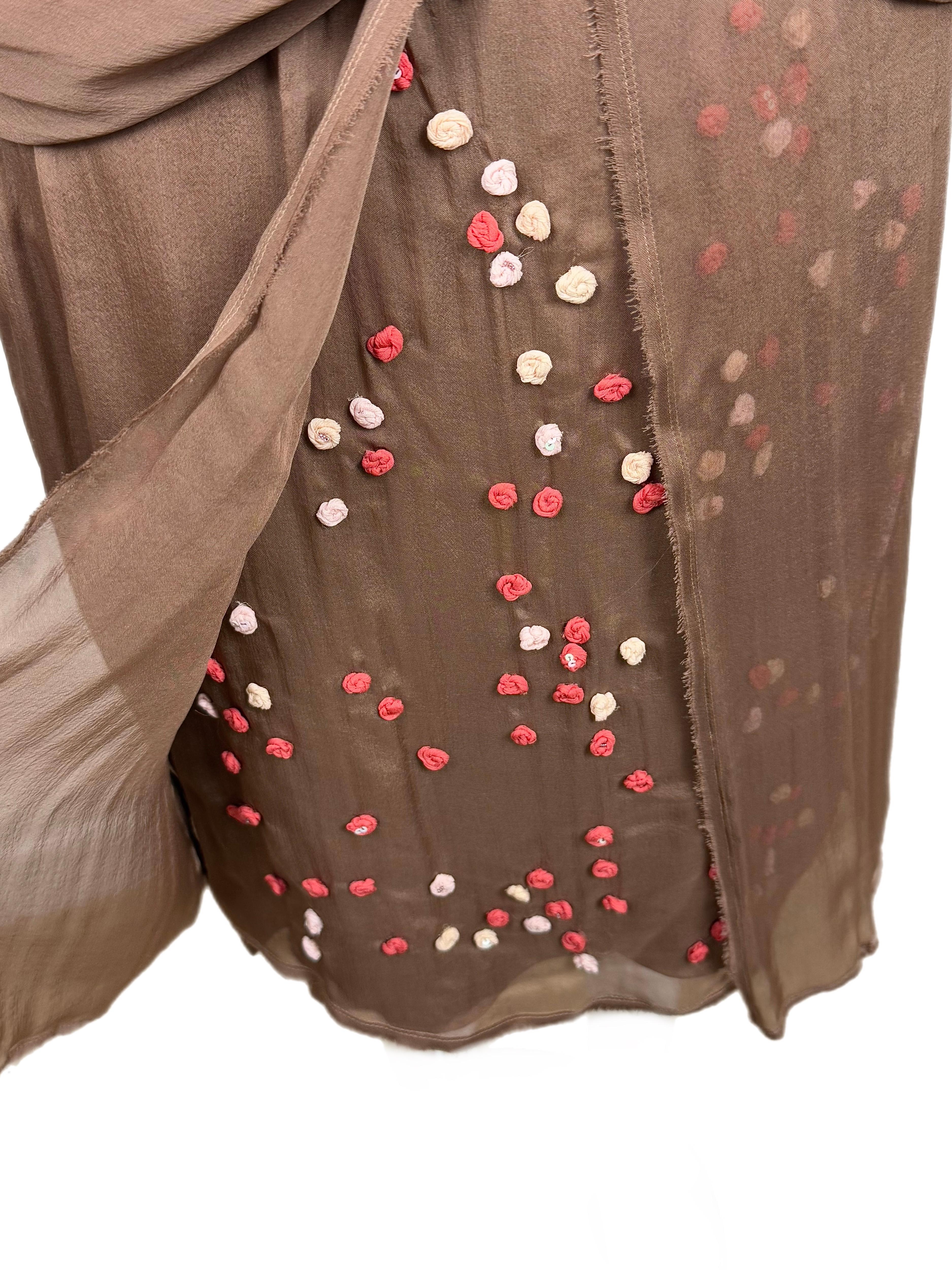 Marrone FENDI Vintage Brown Floral Rosette Silk Halter Dress in vendita