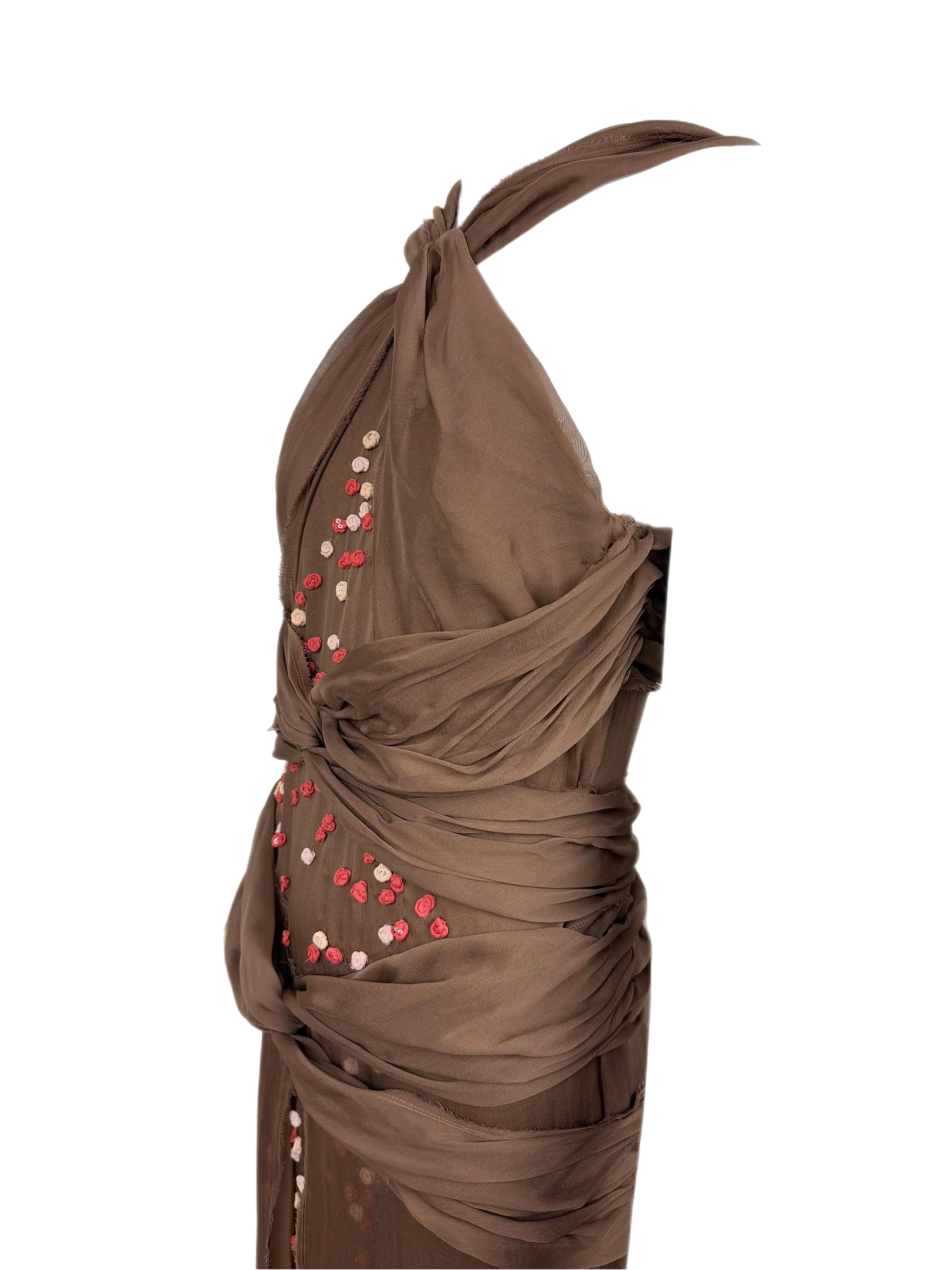 Donna FENDI Vintage Brown Floral Rosette Silk Halter Dress in vendita