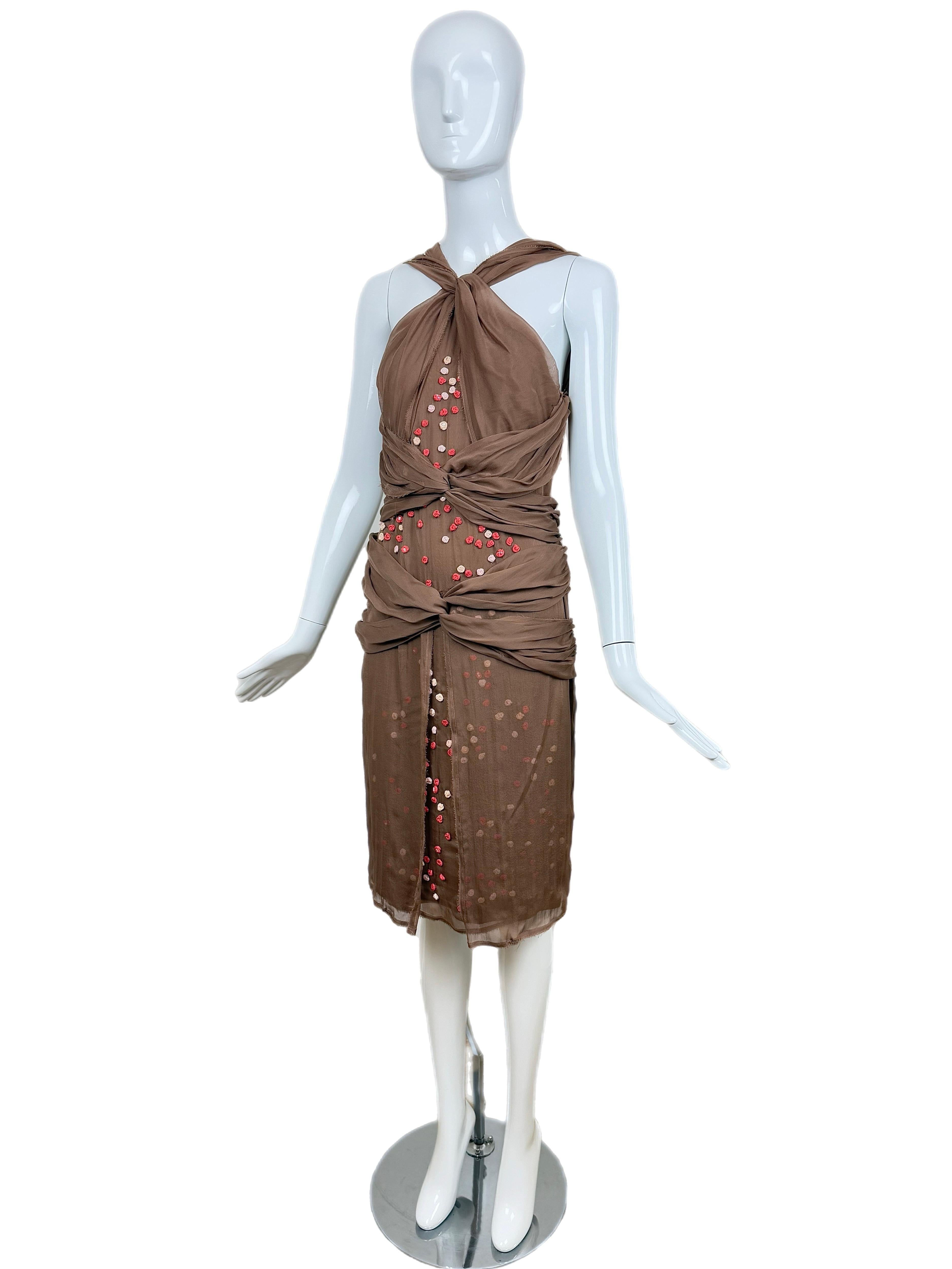FENDI Vintage Brown Floral Rosette Silk Halter Dress in vendita 1