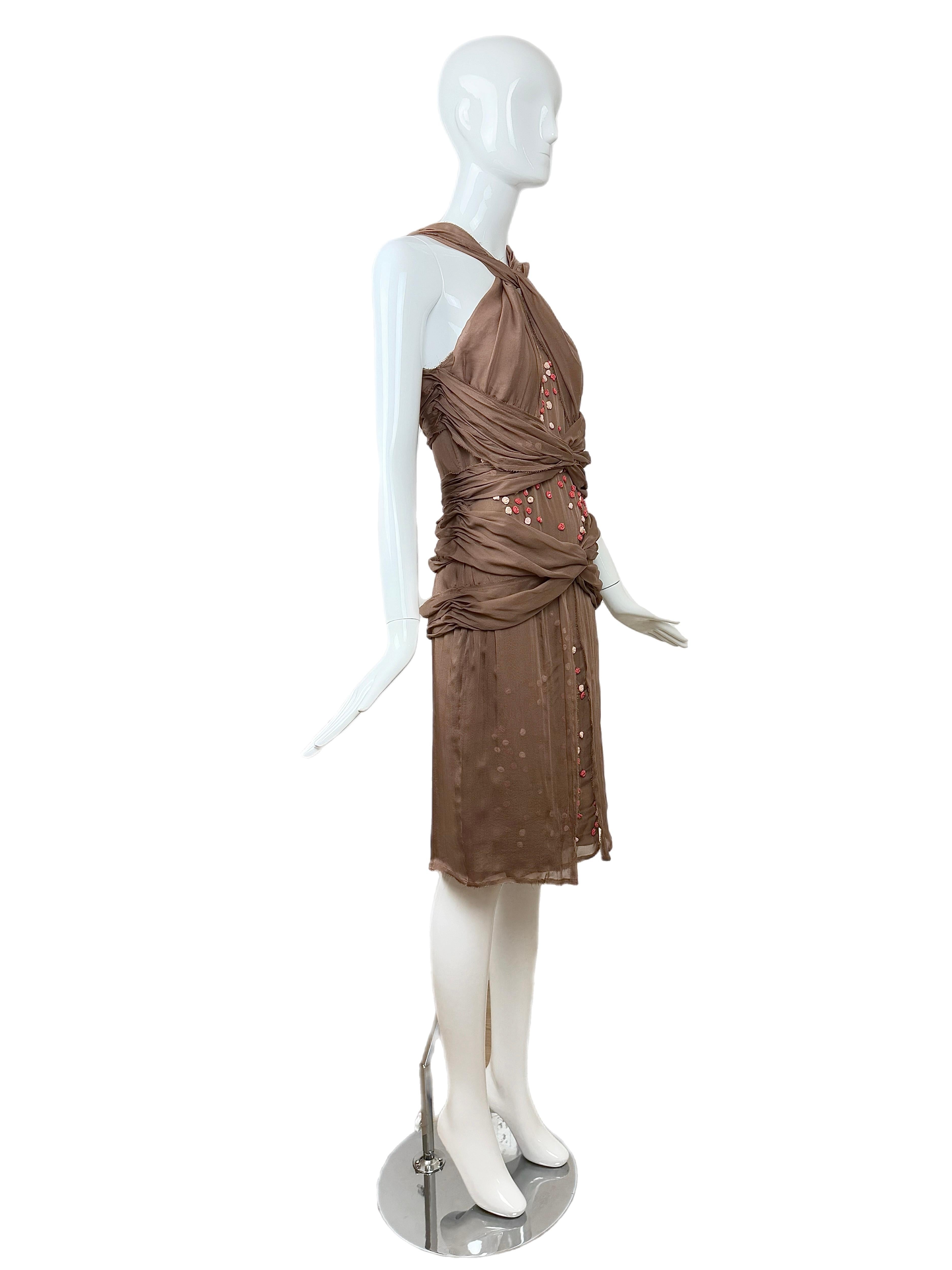 FENDI Vintage Brown Floral Rosette Silk Halter Dress in vendita 4