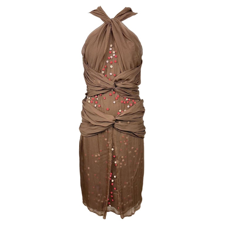 FENDI Vintage Brown Floral Rosette Silk Halter Dress For Sale at