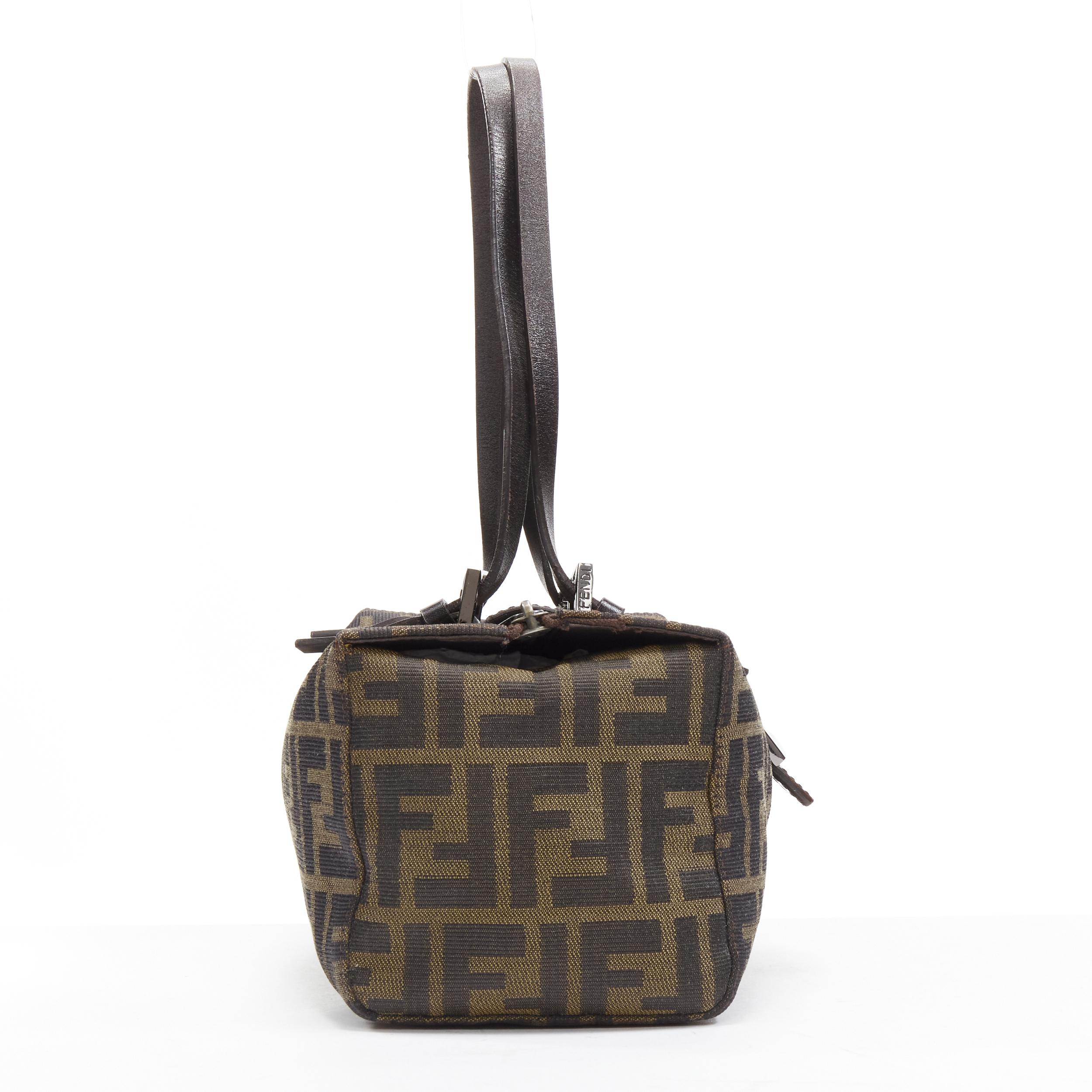 FENDI Vintage brown leather handle Zucca Monogram canvas mini cube boston bag In Good Condition In Hong Kong, NT