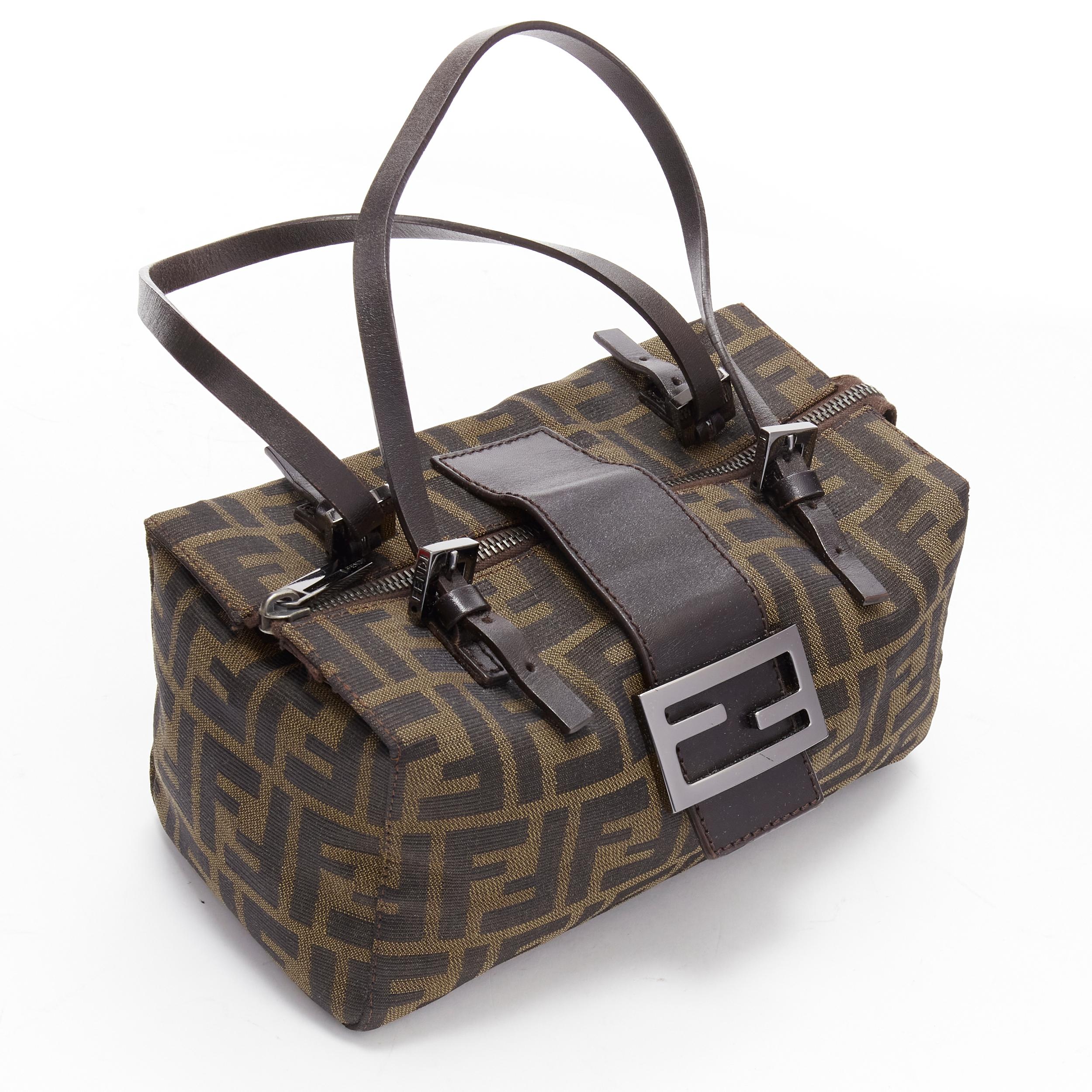 FENDI Vintage brown leather handle Zucca Monogram canvas mini cube boston bag 2