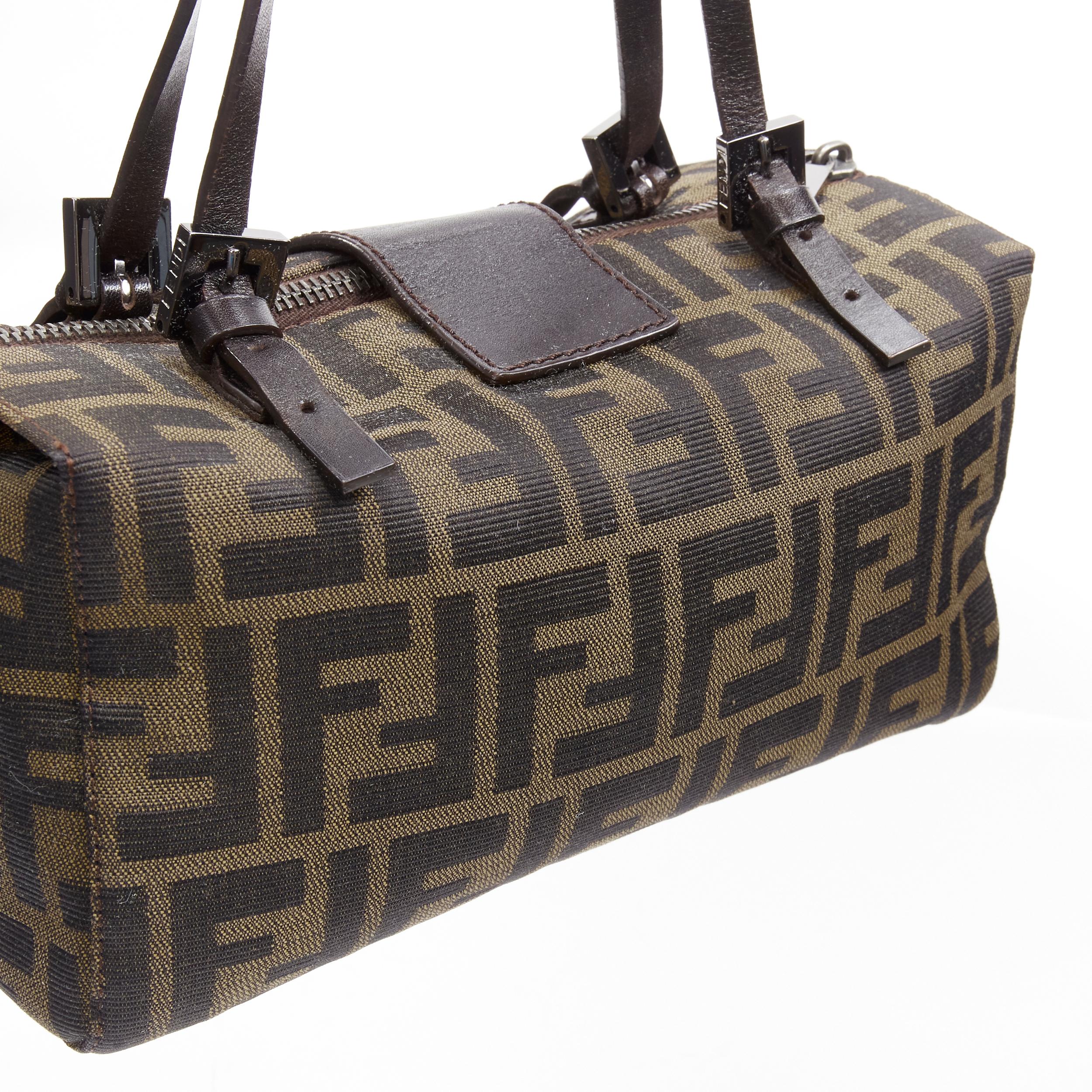 FENDI Vintage brown leather handle Zucca Monogram canvas mini cube boston bag 3