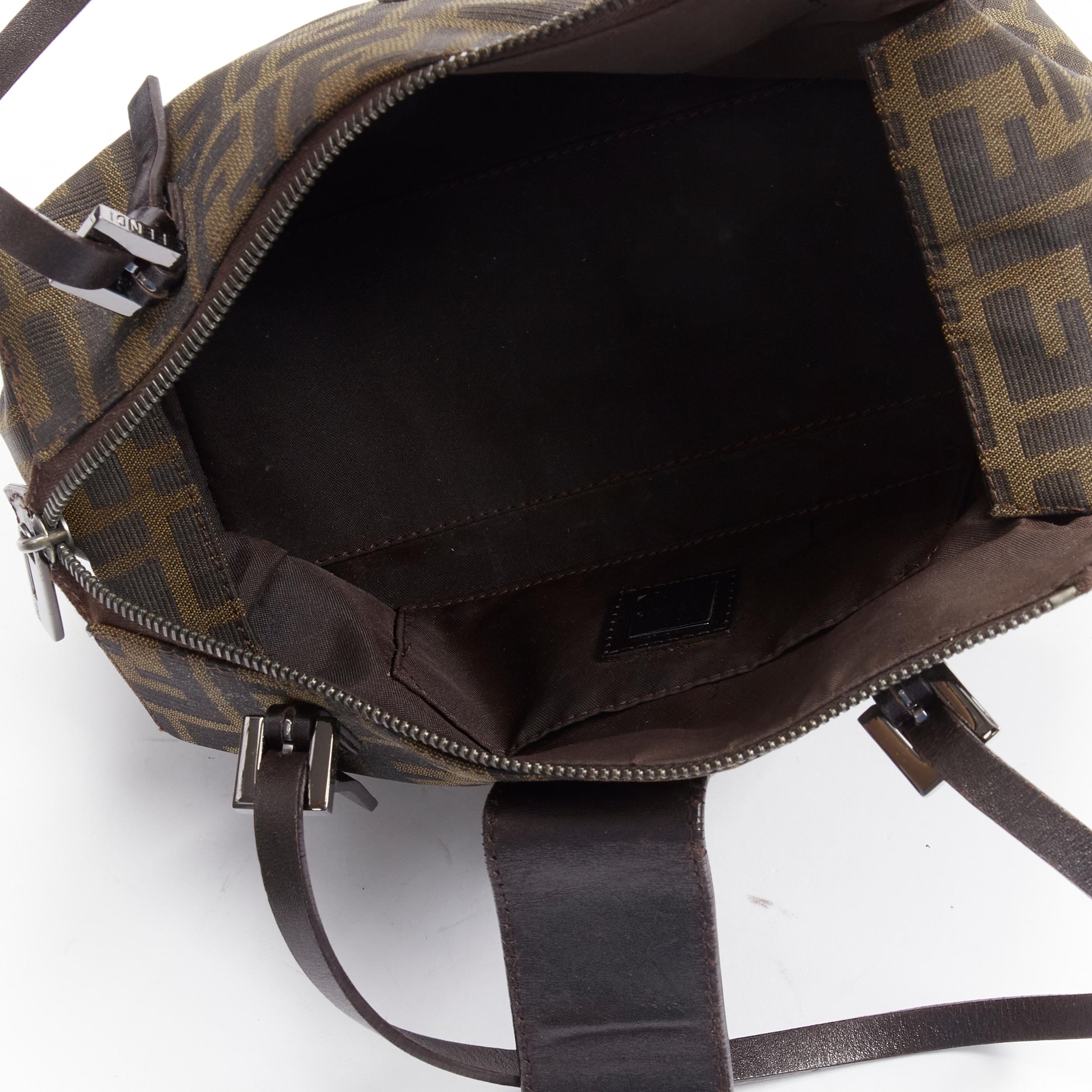 FENDI Vintage brown leather handle Zucca Monogram canvas mini cube boston bag 5