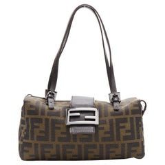 FENDI Vintage brown leather handle Zucca Monogram canvas mini cube boston bag