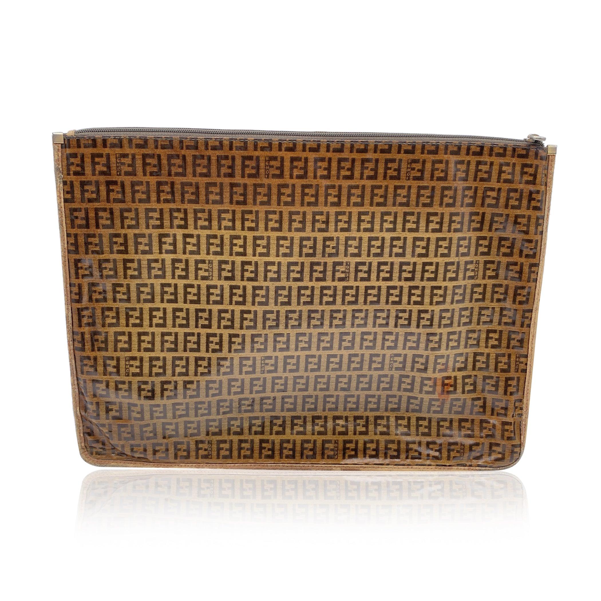 Fendi Vintage Brown Monogram Vinyl Canvas Portfolio Clutch Bag In Fair Condition In Rome, Rome