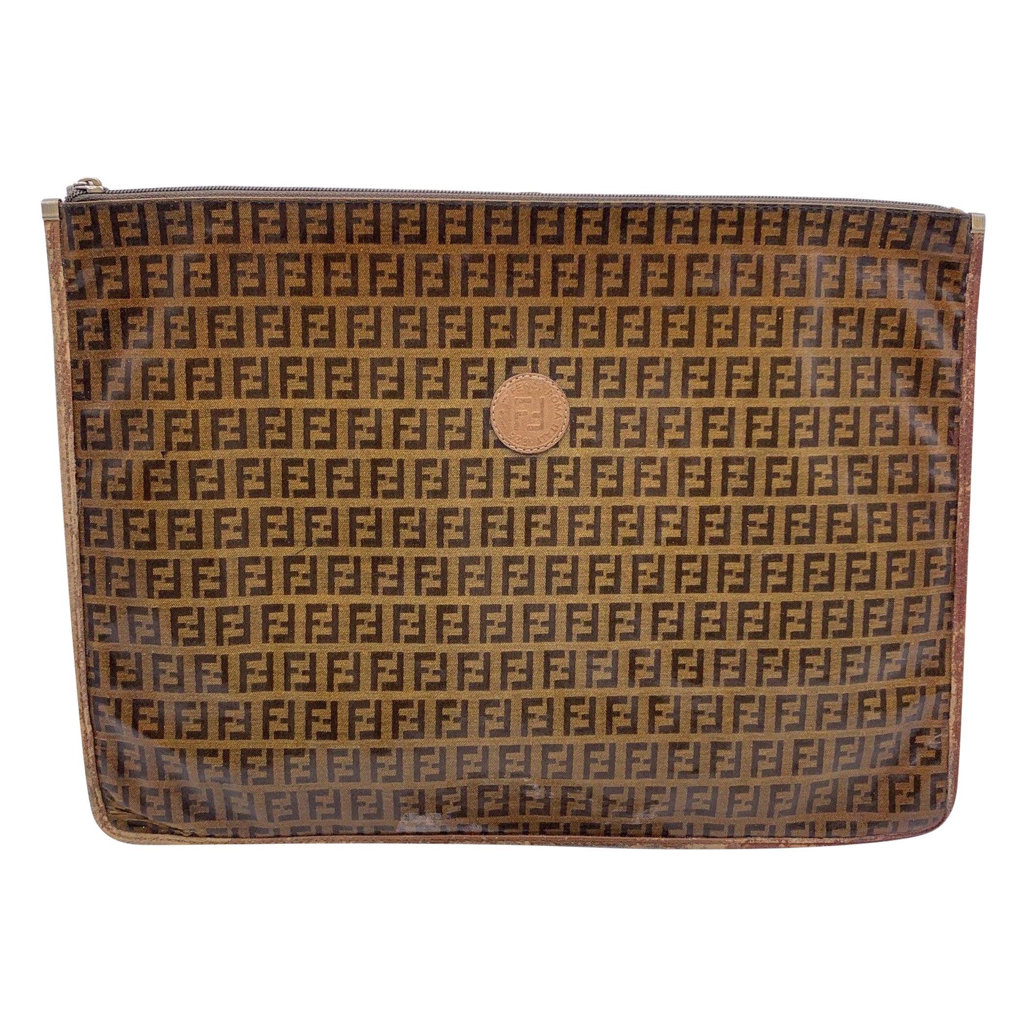 Fendi Vintage Brown Monogram Vinyl Canvas Portfolio Clutch Bag