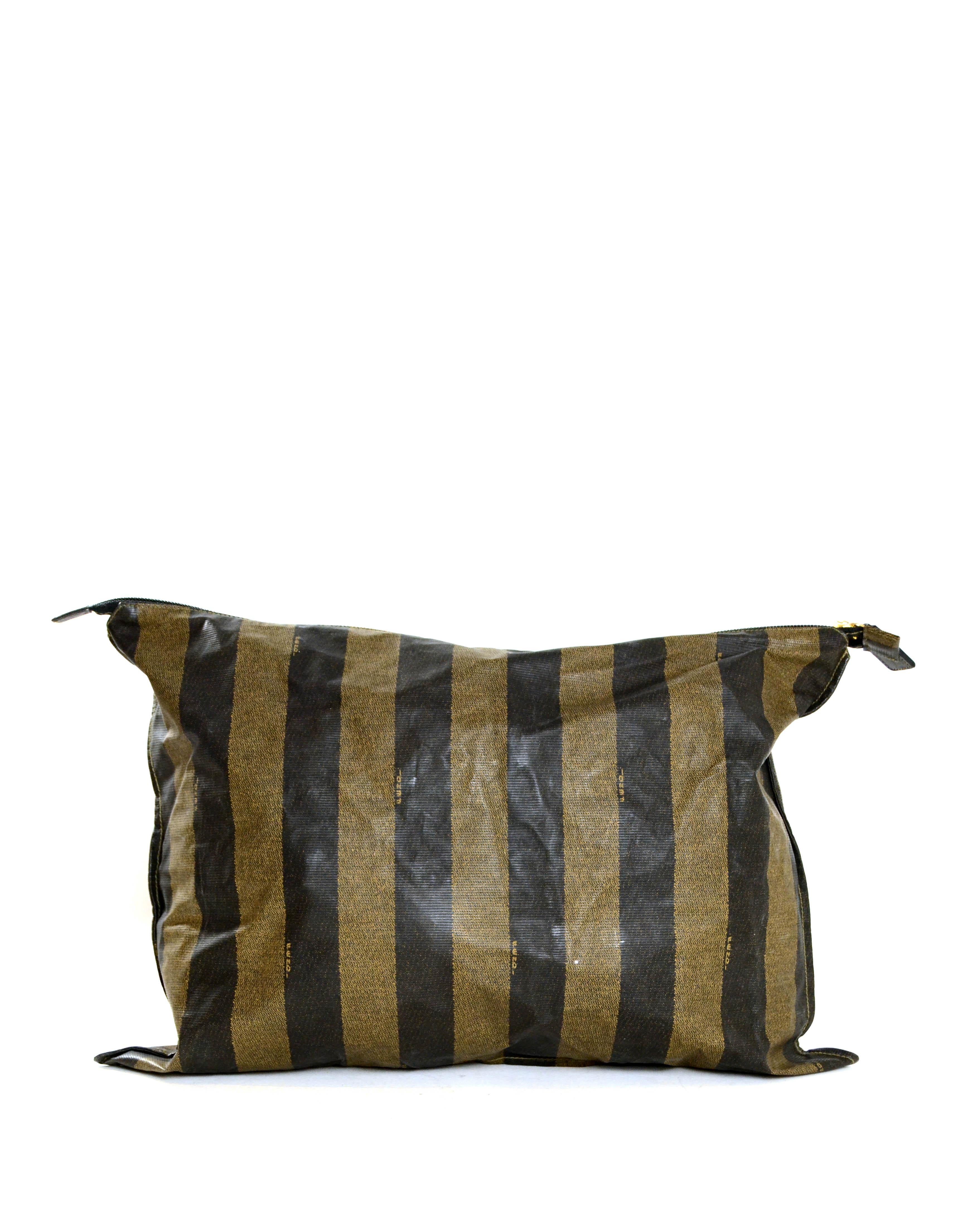 Gray Fendi Vintage Brown Pequin Striped XL Zip Top Pouch Clutch Bag