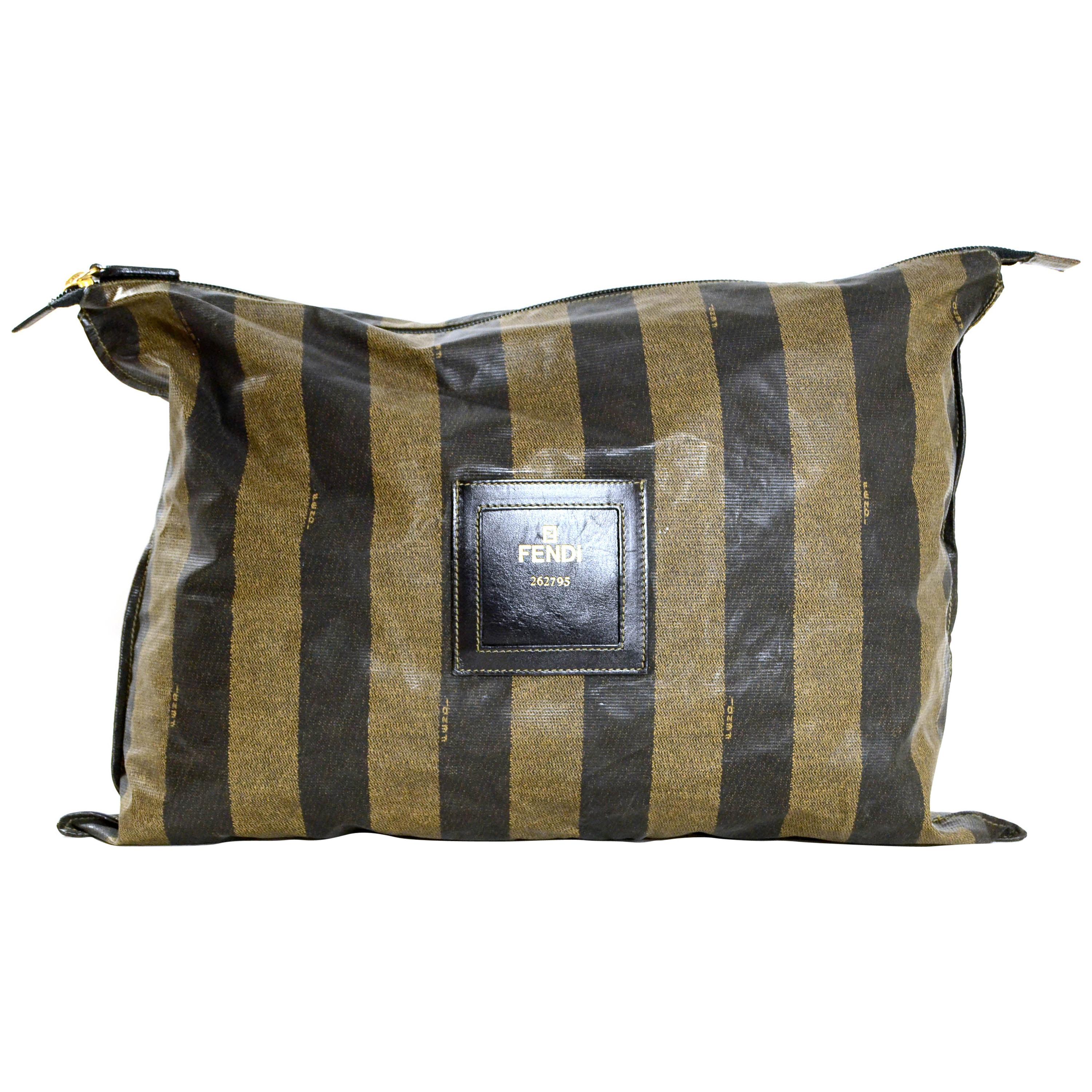 Fendi Vintage Brown Pequin Striped XL Zip Top Pouch Clutch Bag