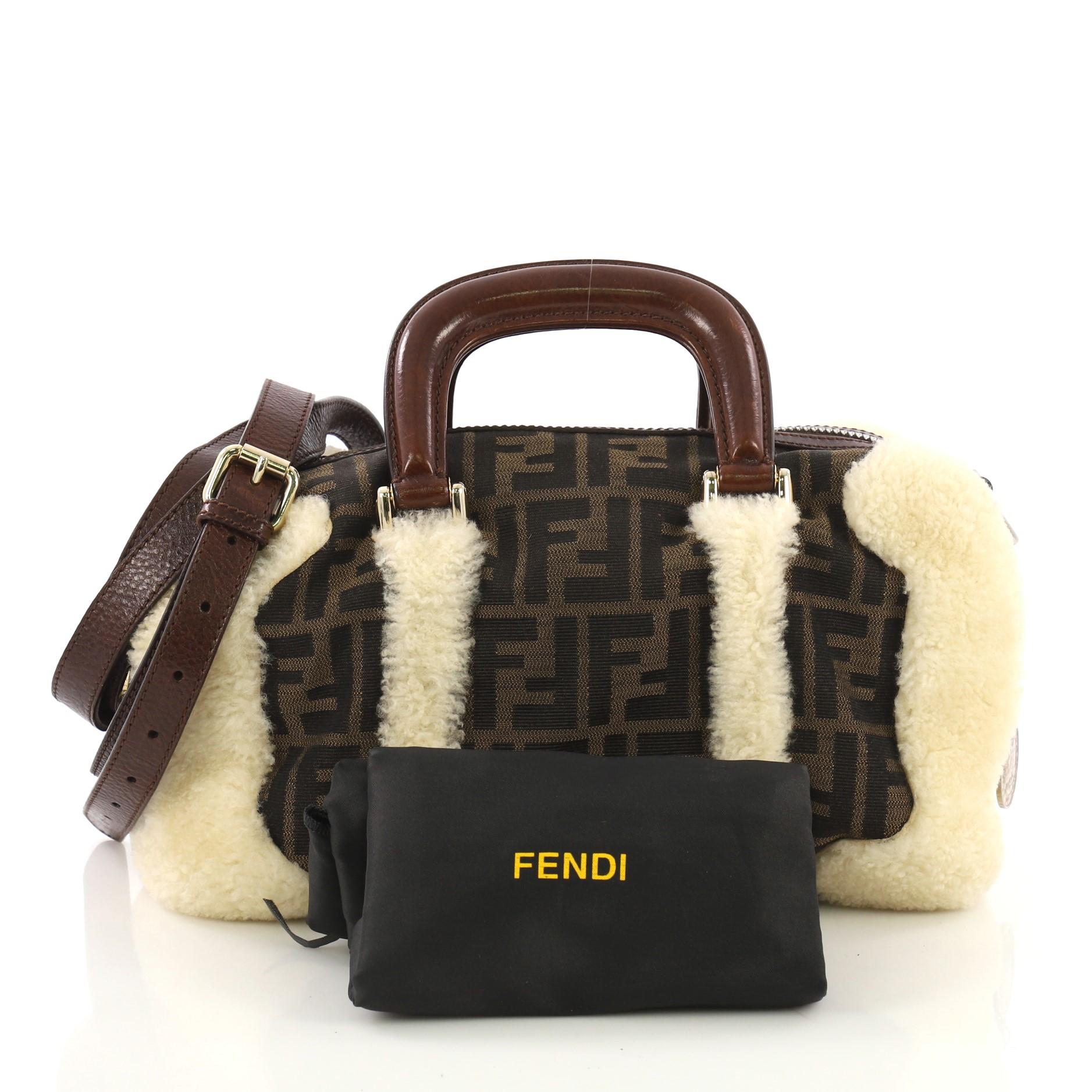Fendi Vintage Convertible Boston Bag Zucca Canvas and Shearling Medium In Good Condition In NY, NY