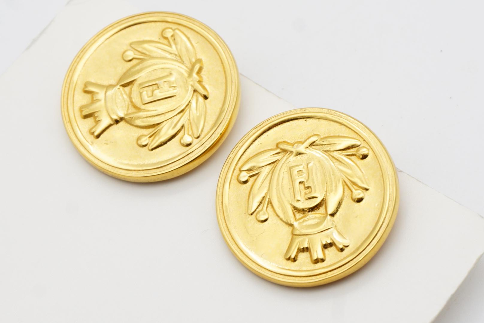 Fendi Vintage Crown Crest Logo F Fendista Insignia Roma 1925 Round Clip Earrings For Sale 5