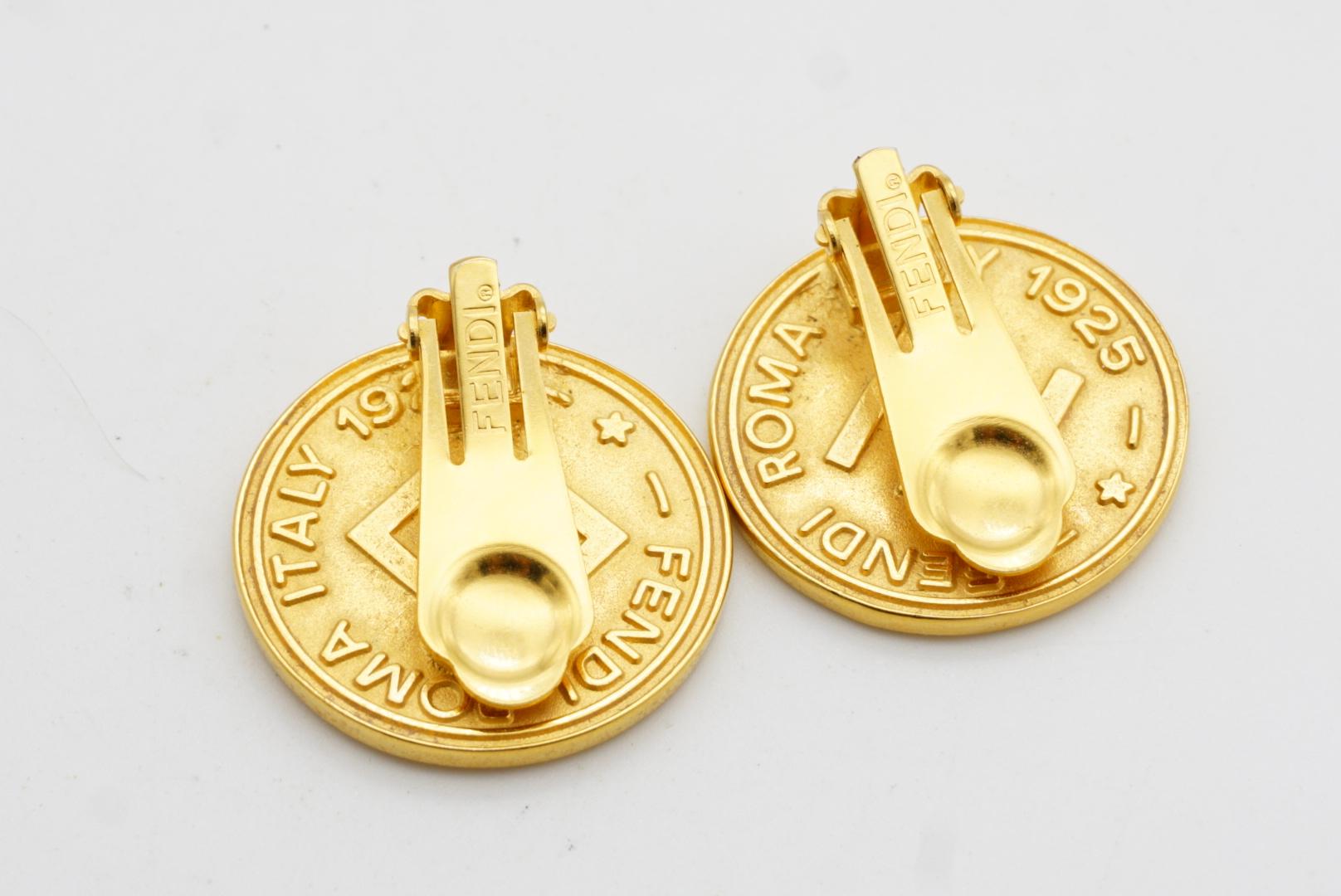 Fendi Vintage Crown Crest Logo F Fendista Insignia Roma 1925 Round Clip Earrings For Sale 6