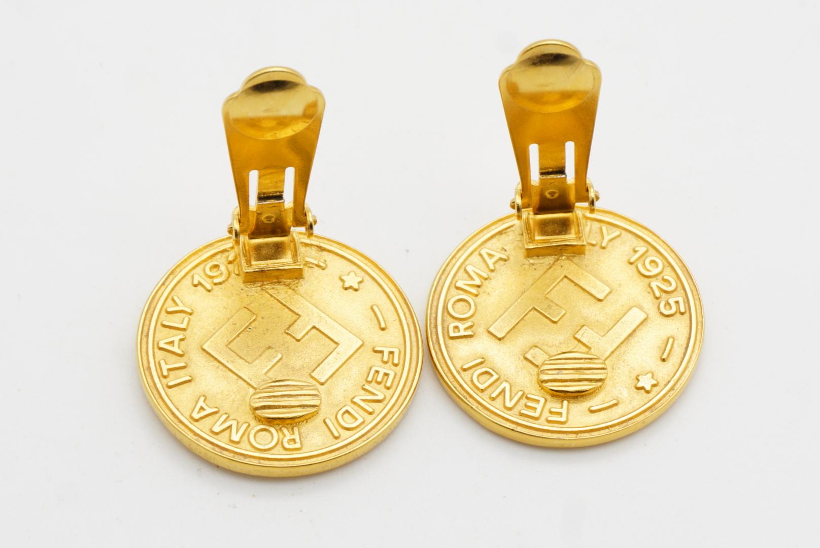 Fendi Vintage Crown Crest Logo F Fendista Insignia Roma 1925 Round Clip Earrings For Sale 7