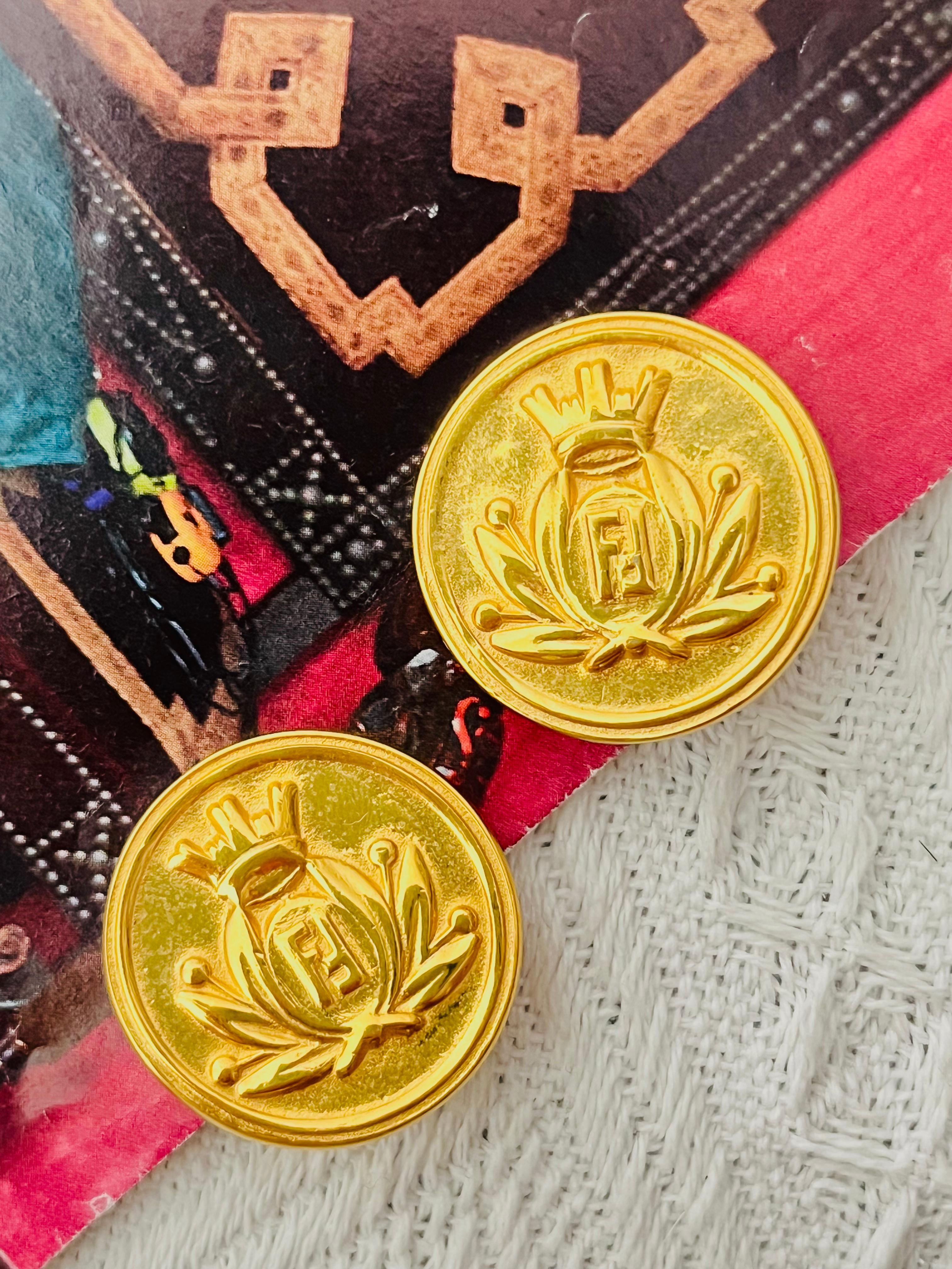 Art Deco Fendi Vintage Crown Crest Logo F Fendista Insignia Roma 1925 Round Clip Earrings For Sale