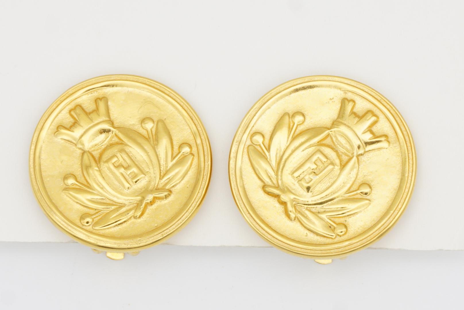 Fendi Vintage Crown Crest Logo F Fendista Insignia Roma 1925 Round Clip Earrings For Sale 2