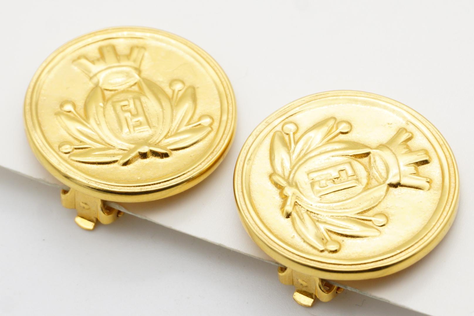Fendi Vintage Crown Crest Logo F Fendista Insignia Roma 1925 Round Clip Earrings For Sale 3