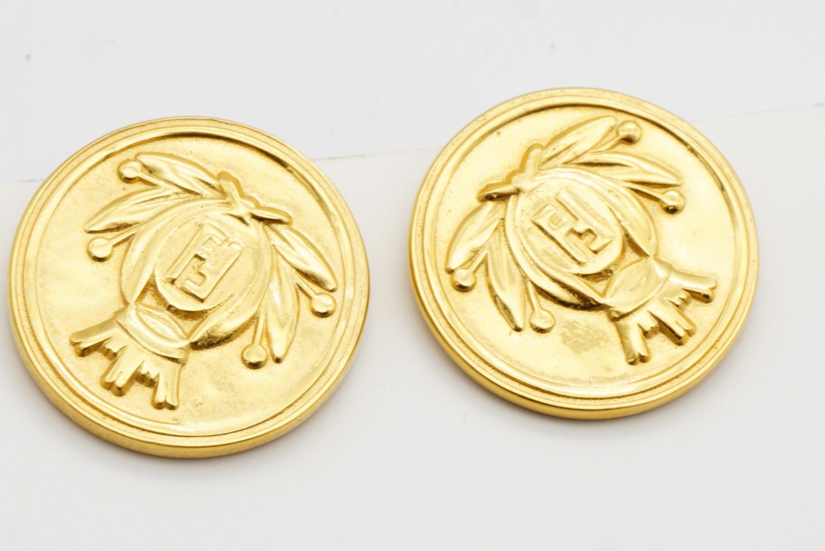 Fendi Vintage Crown Crest Logo F Fendista Insignia Roma 1925 Round Clip Earrings For Sale 4
